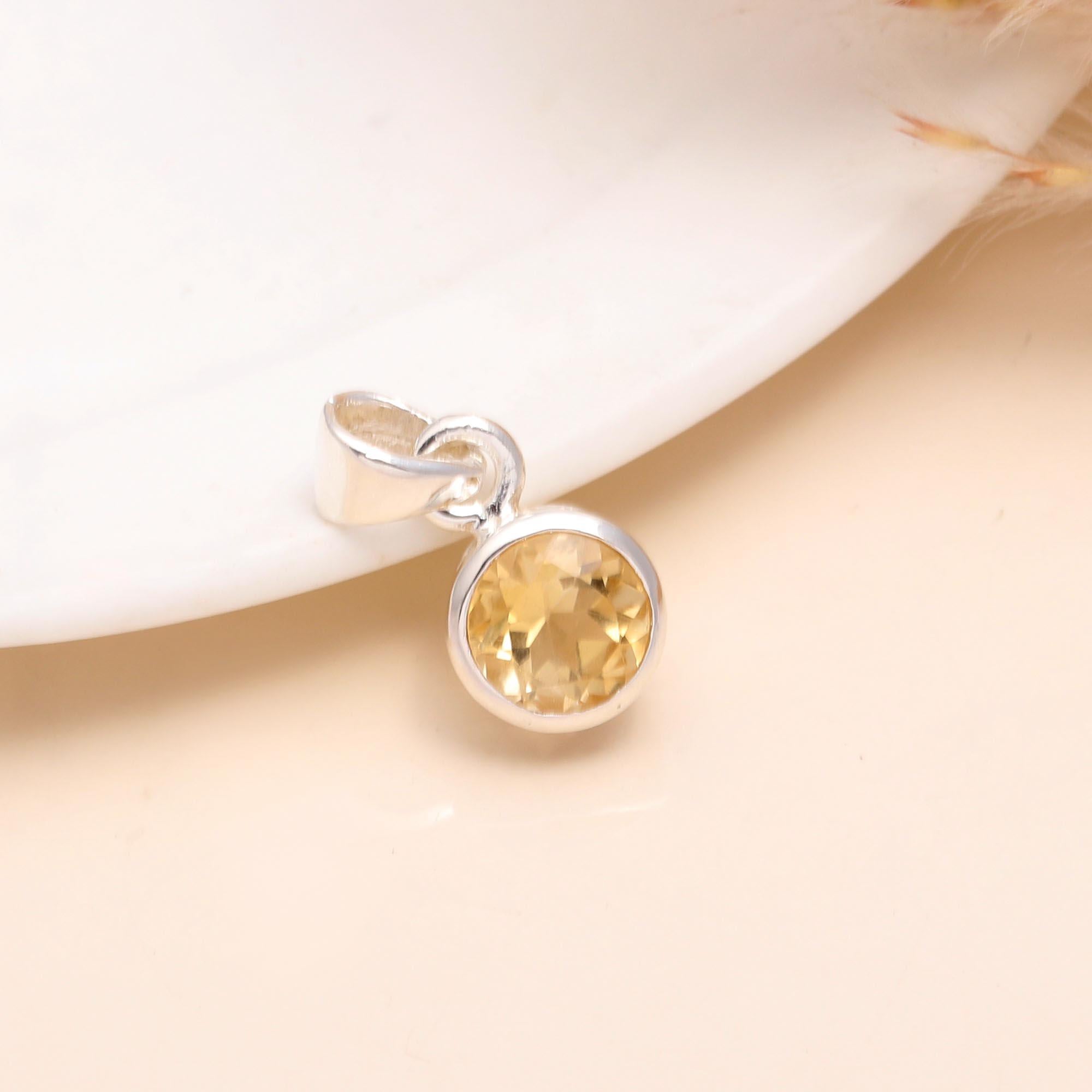 925 Sterling Silver Round Citrine Classic Minimalist Pendant