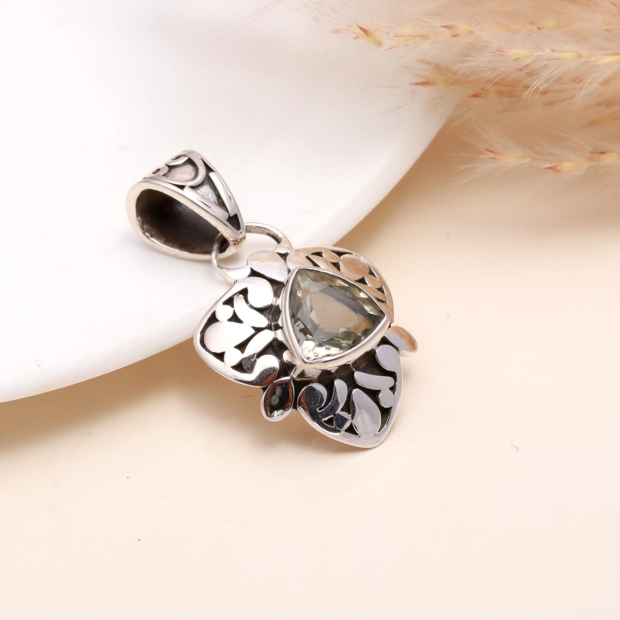925 Sterling Silver Trillion Cut Green Amethyst Filigree Pendant