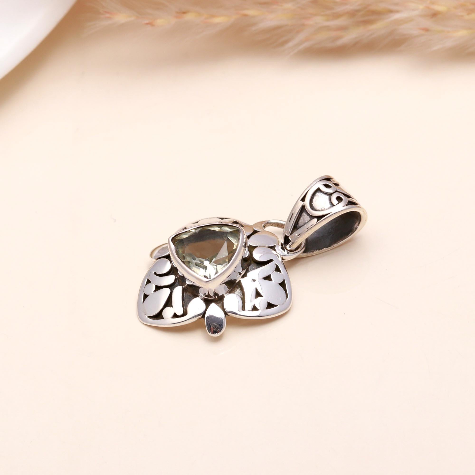 925 Sterling Silver Trillion Cut Green Amethyst Filigree Pendant