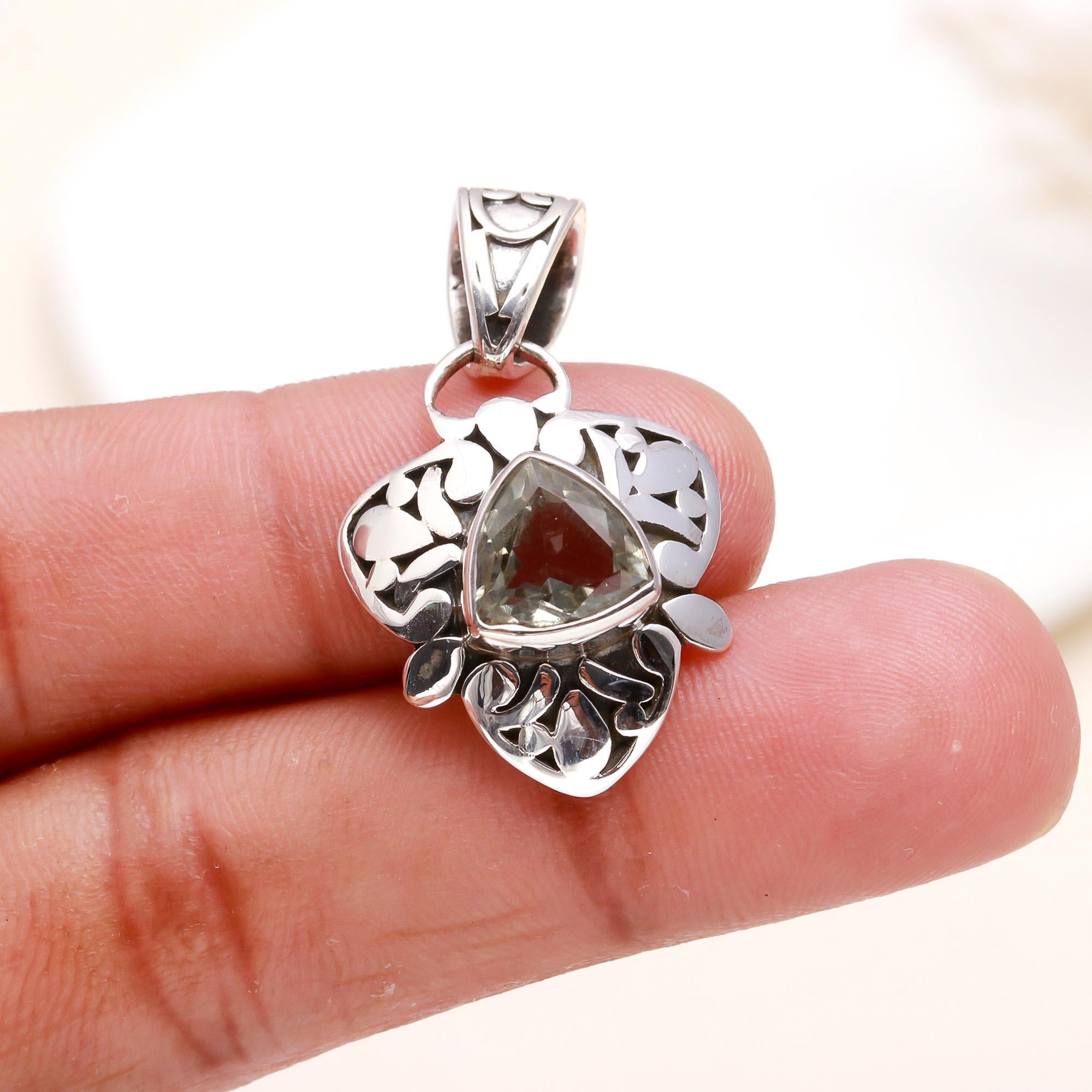 925 Sterling Silver Trillion Cut Green Amethyst Filigree Pendant