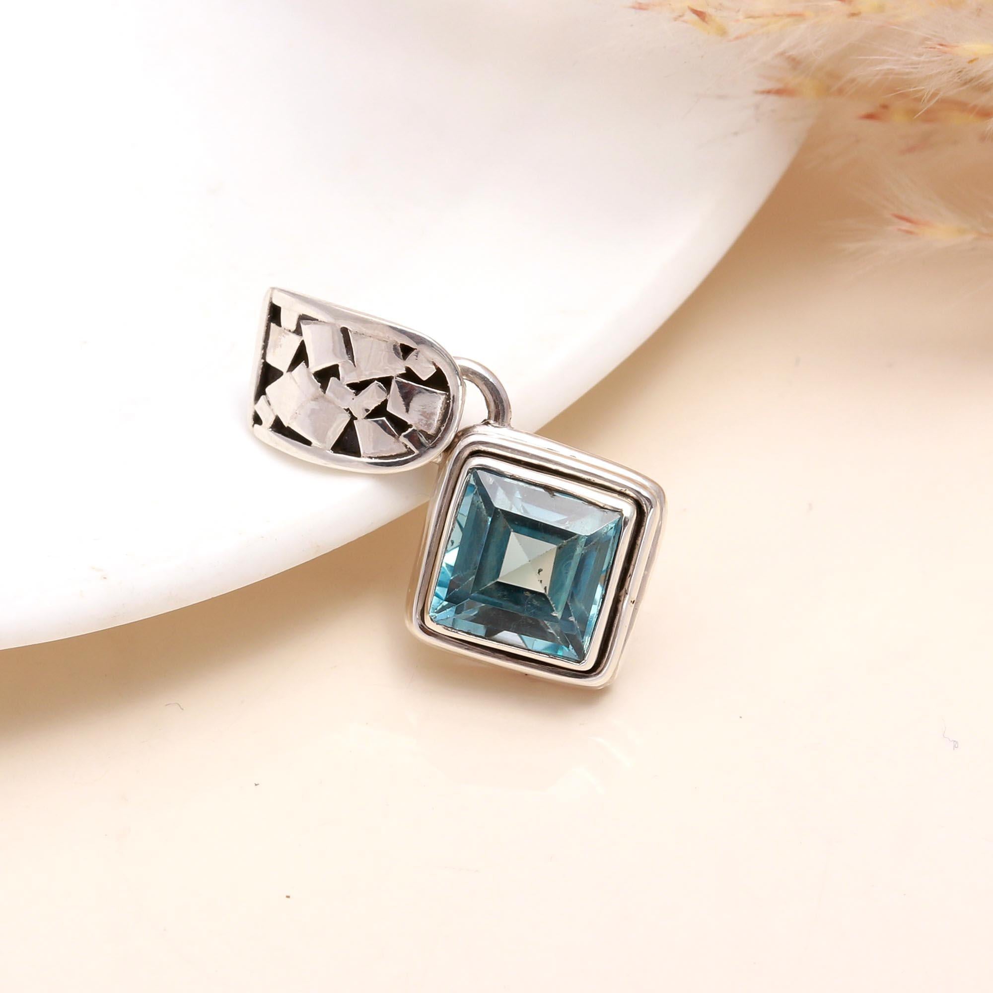 925 Sterling Silver Geometric Square Blue Topaz Pendant