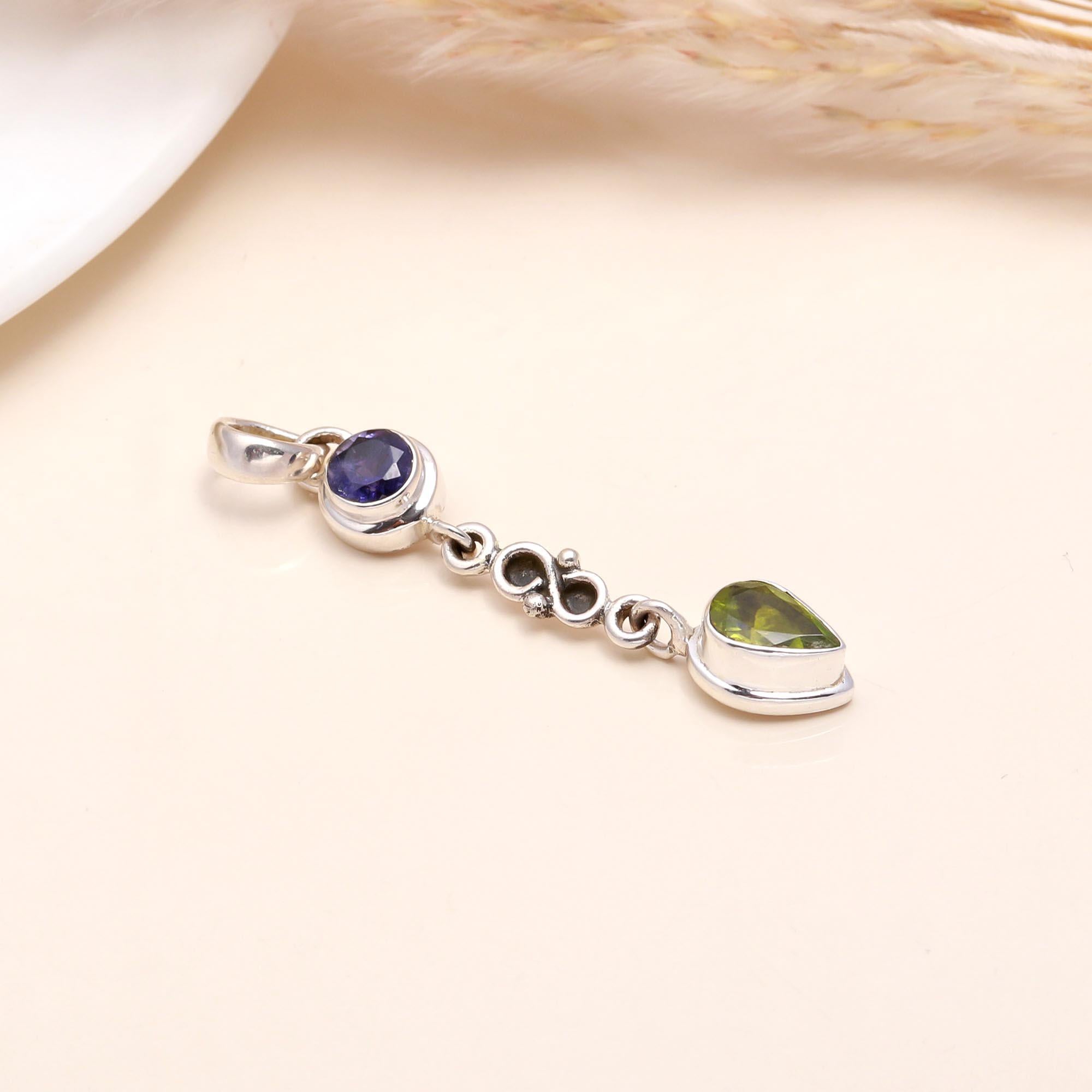 925 Sterling Silver Handmade Iolite & Peridot Dangle Pendant