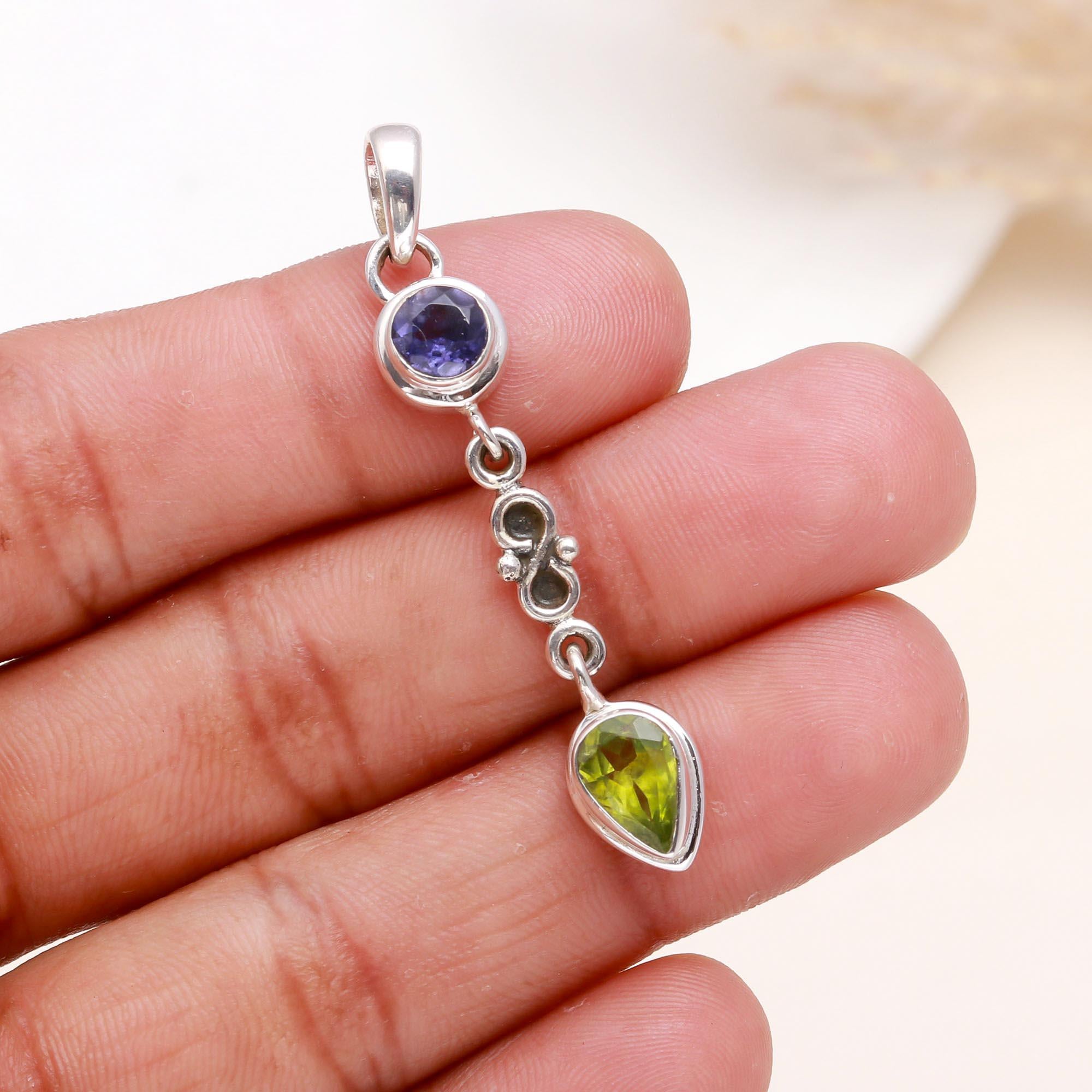 925 Sterling Silver Handmade Iolite & Peridot Dangle Pendant