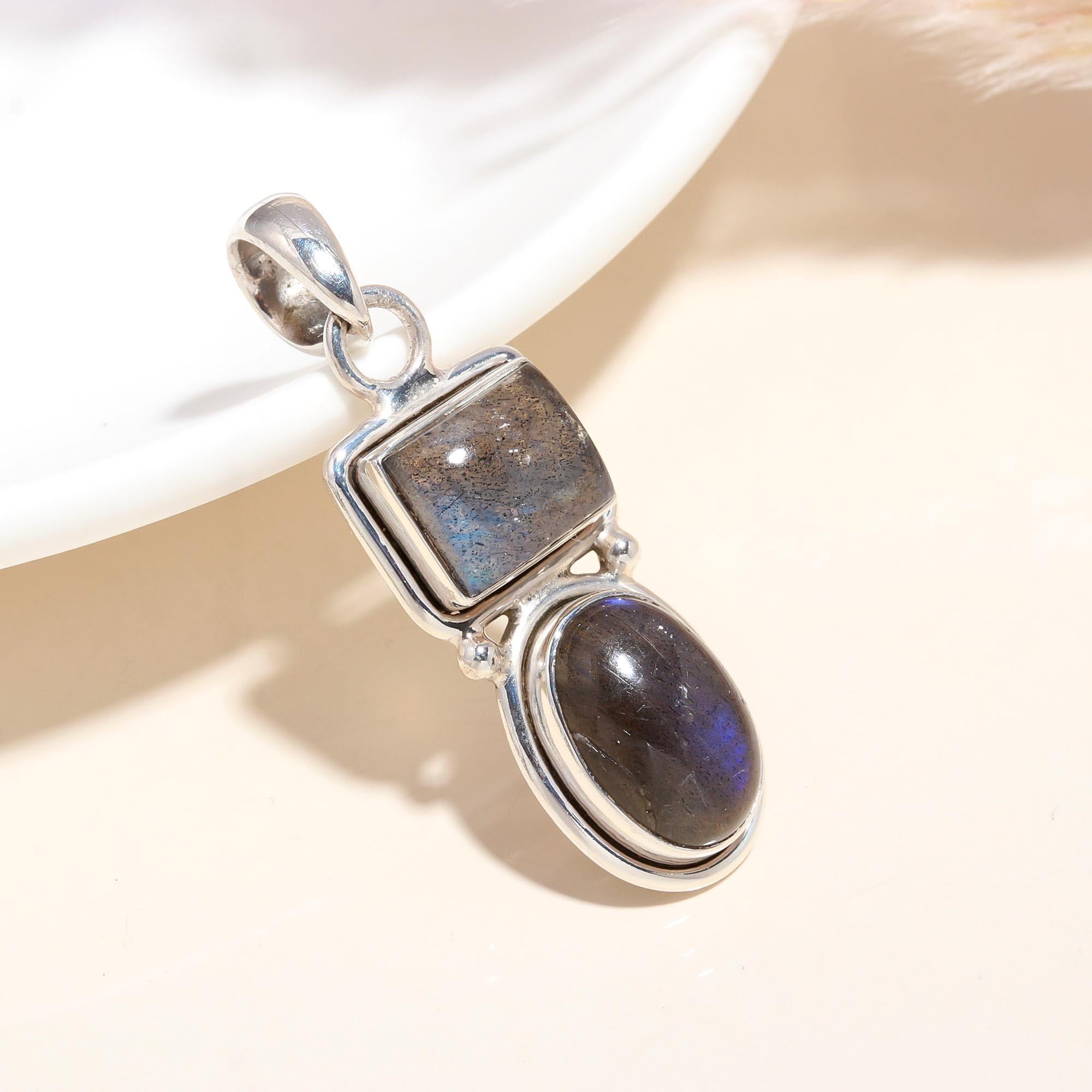 925 Sterling Silver Double Gemstone Labradorite Pendant