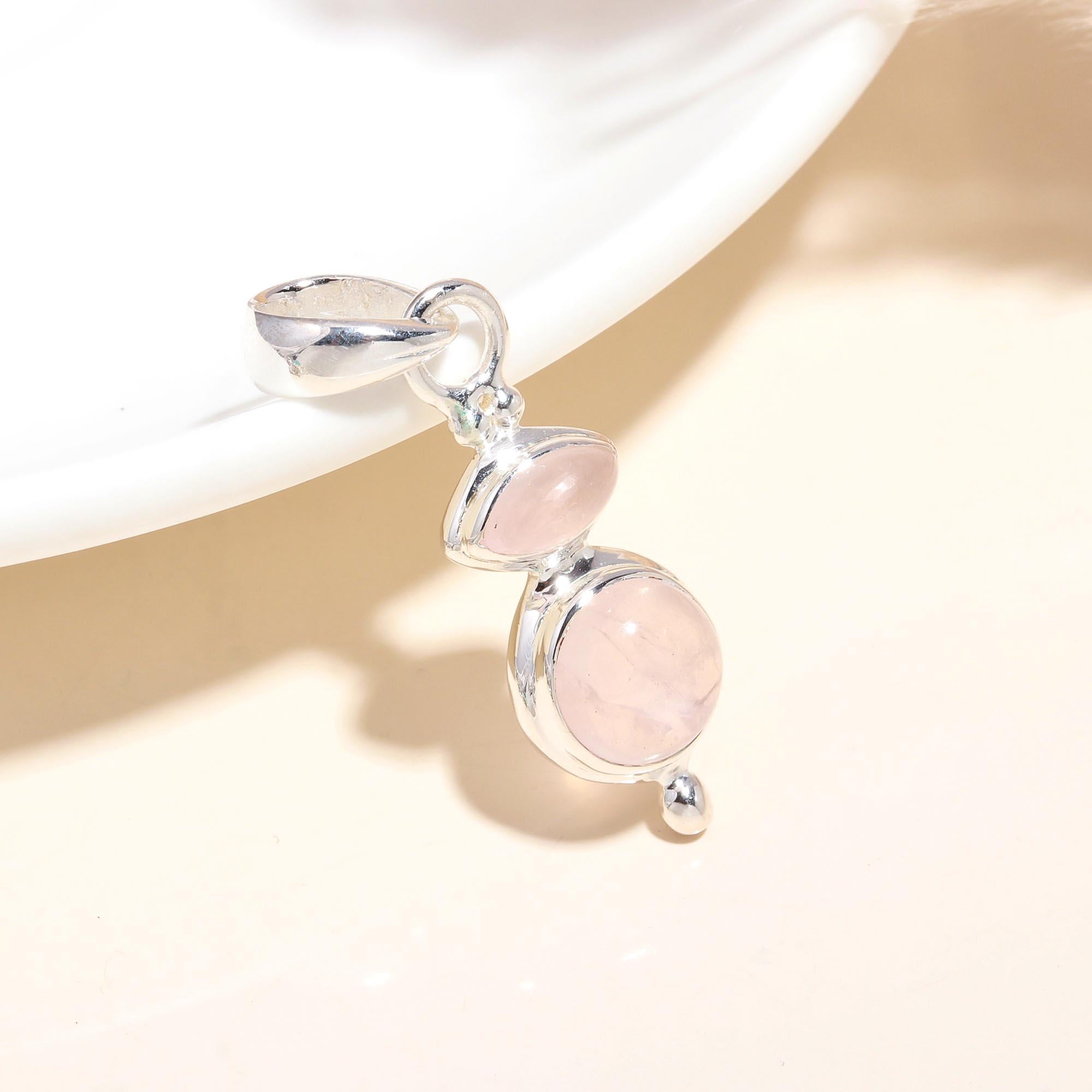 925 Sterling Silver Double Gemstone Rose Quartz Pendant