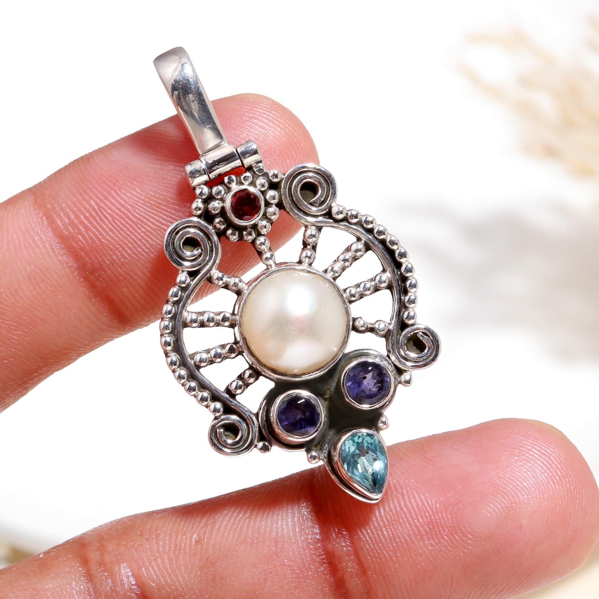 925 Sterling Silver Vintage Pearl & Gemstone Filigree Pendant