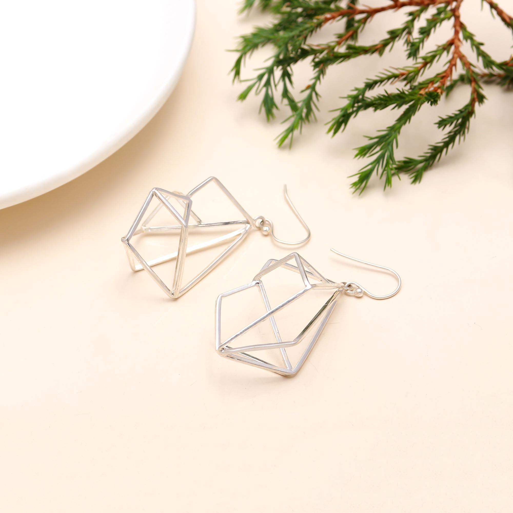 The Silver Construct: Geometric Prism Drop Earrings
