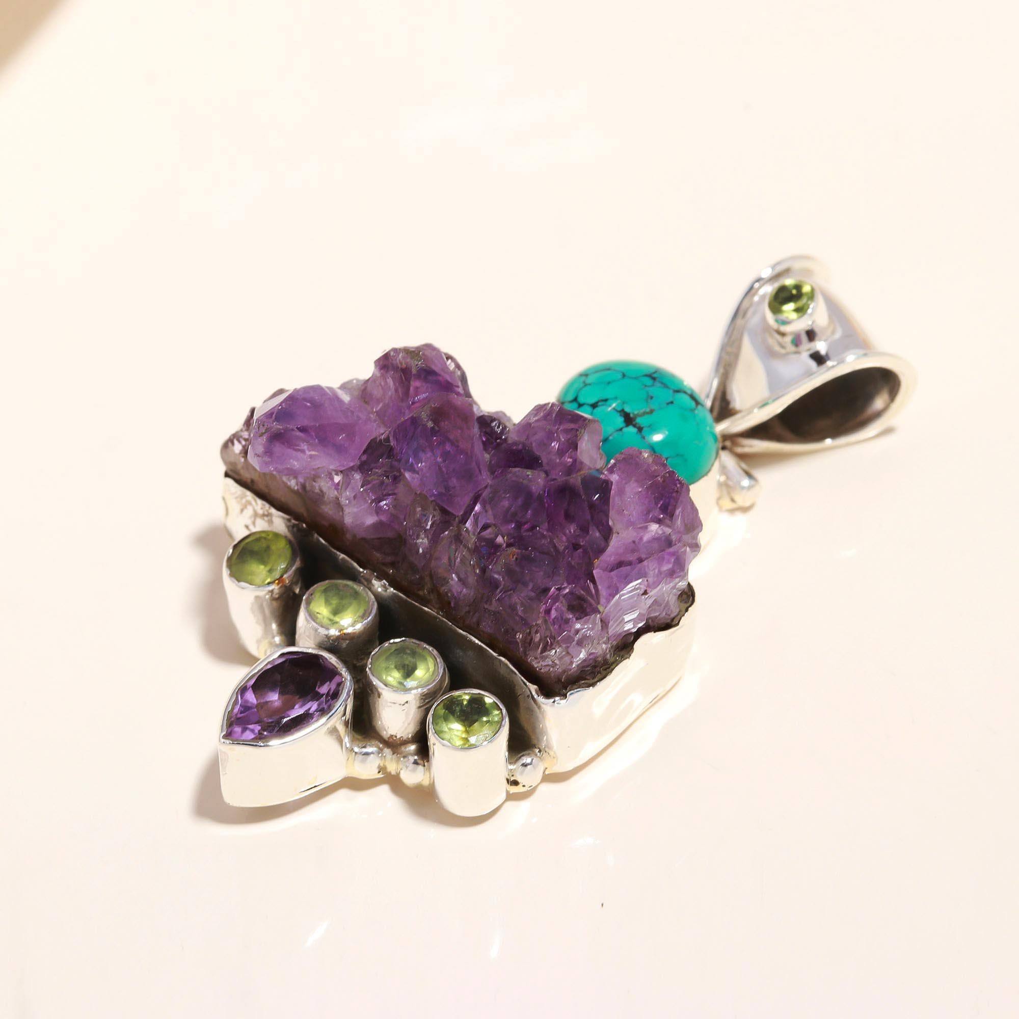 925 Sterling Silver Amethyst, Turquoise & Raw Crystal Statement Pendant