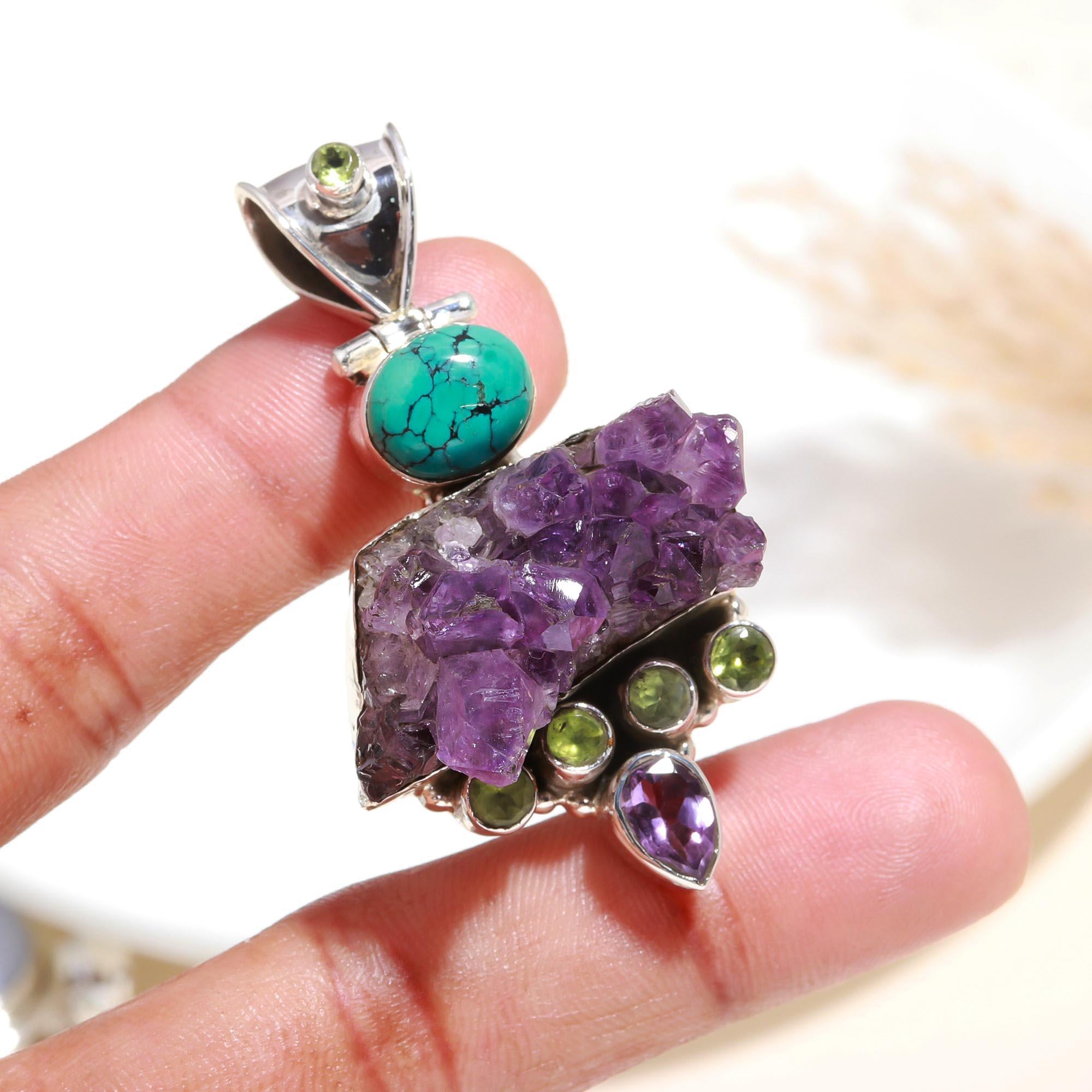 925 Sterling Silver Amethyst, Turquoise & Raw Crystal Statement Pendant