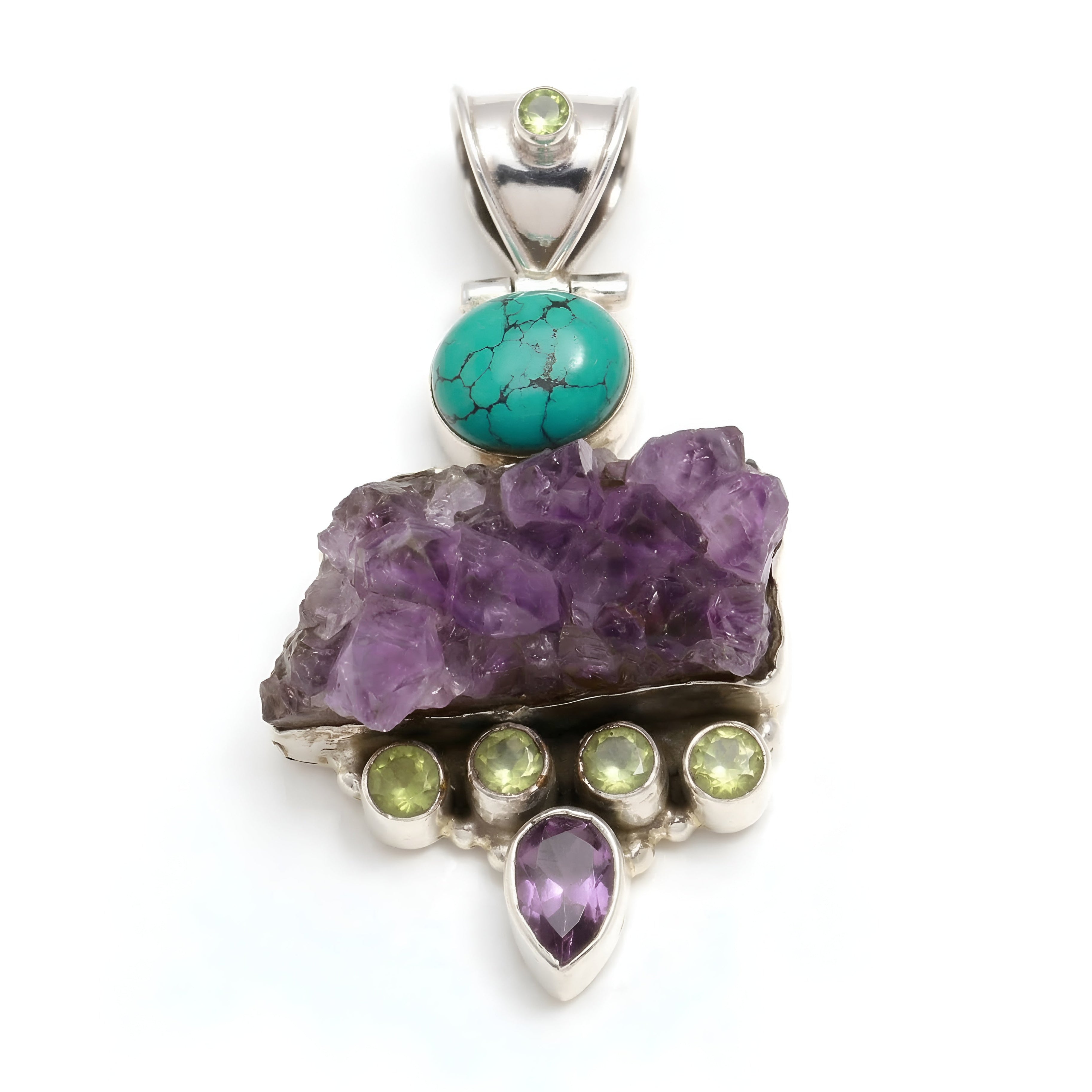 925 Sterling Silver Amethyst, Turquoise & Raw Crystal Statement Pendant