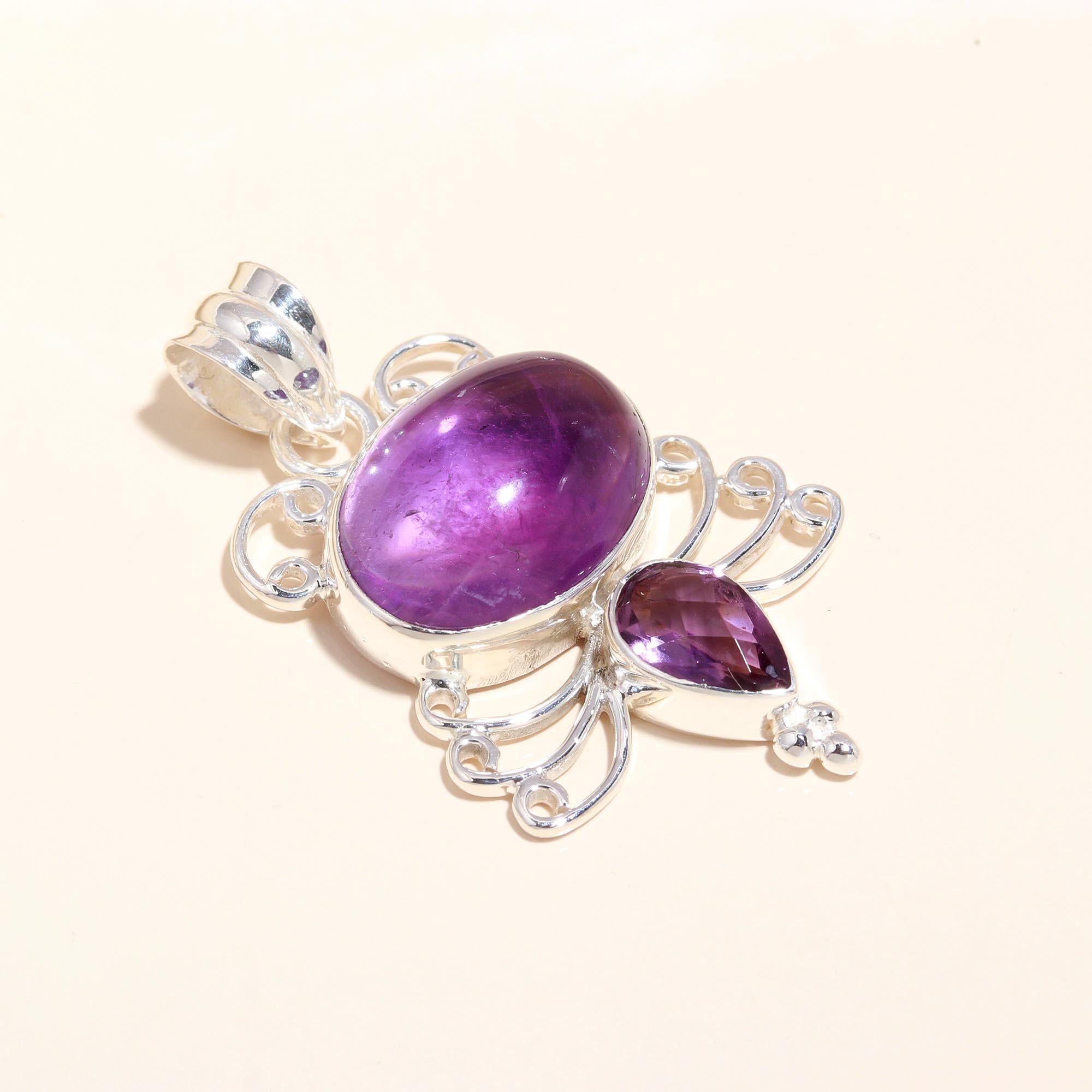 925 Sterling Silver Handmade Vintage Amethyst Filigree Boho Pendant
