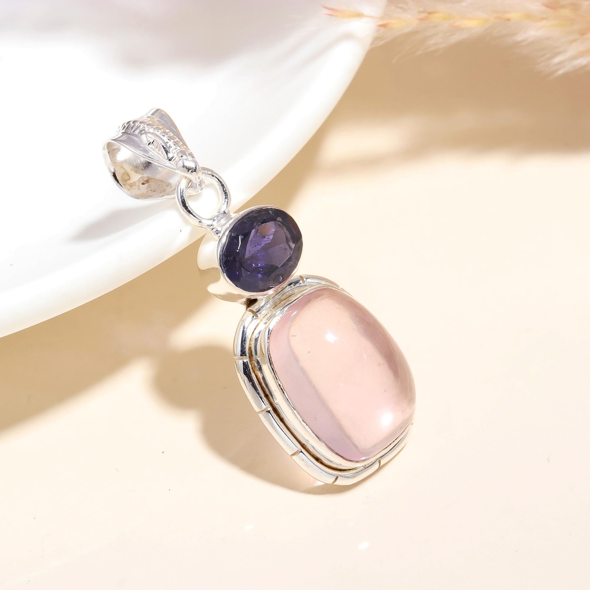 925 Sterling Silver Rose Quartz & Iolite Pendant