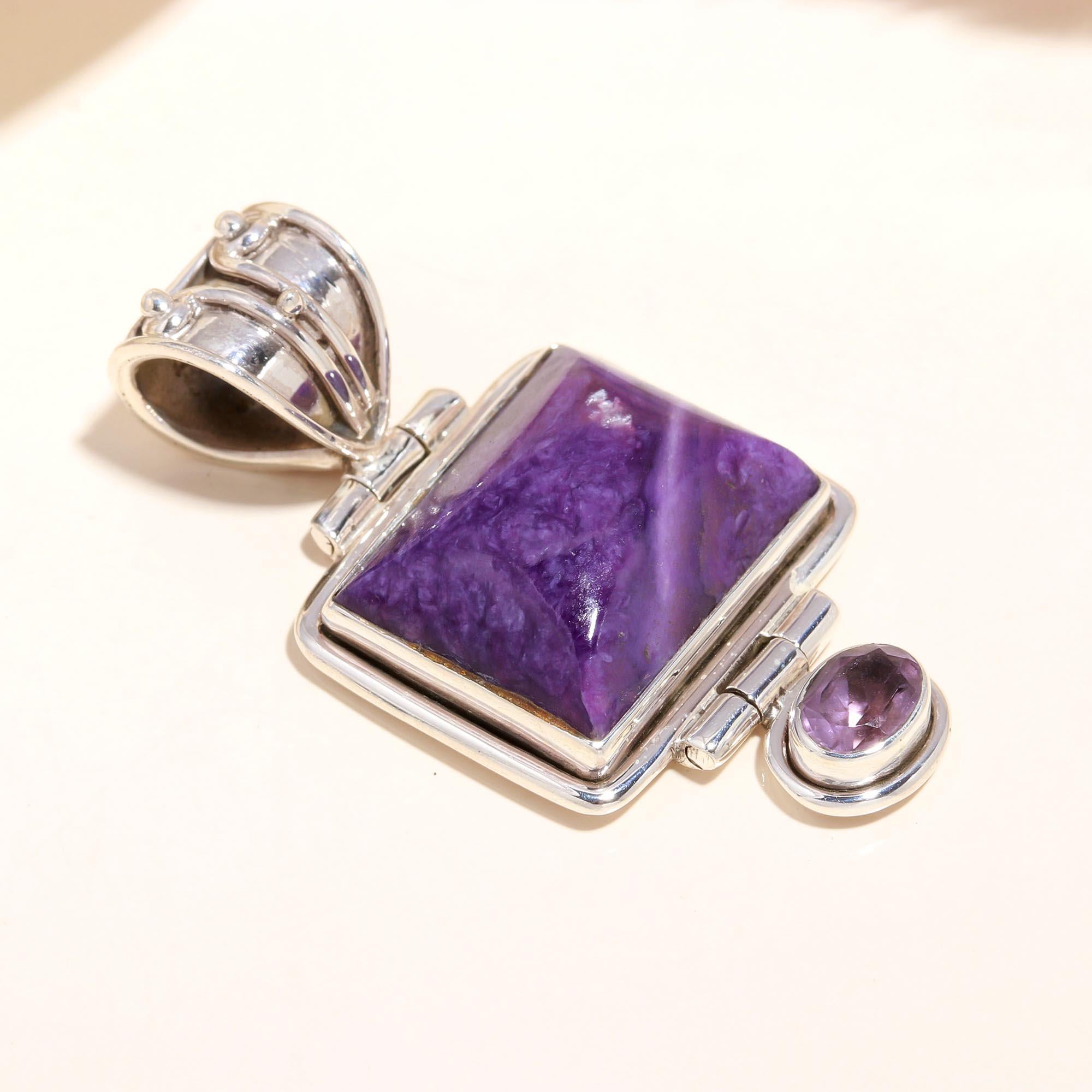 925 Sterling Silver Vintage Locket Purple Charoite Pendant