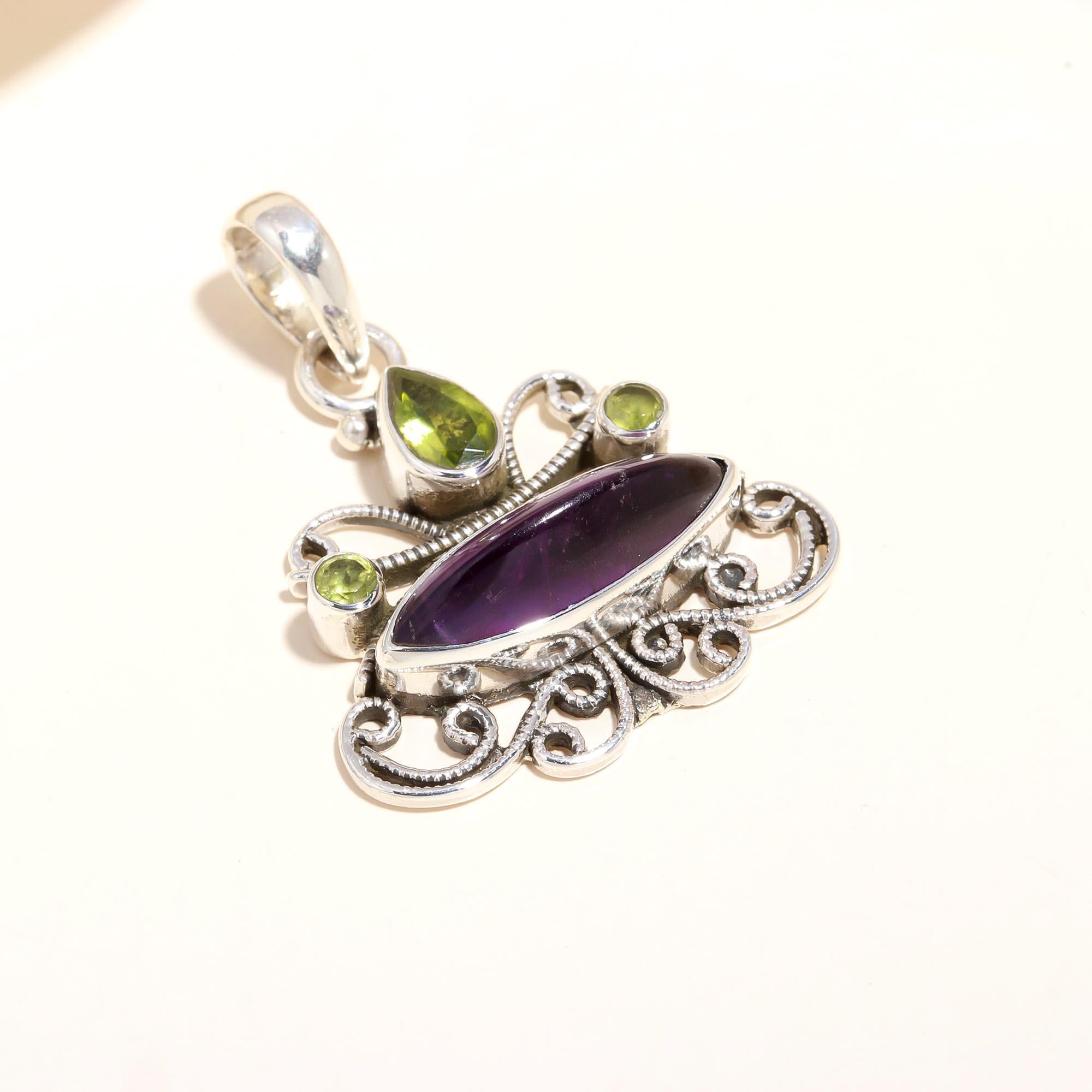 925 Sterling Silver Handmade Amethyst & Peridot Filigree Pendant