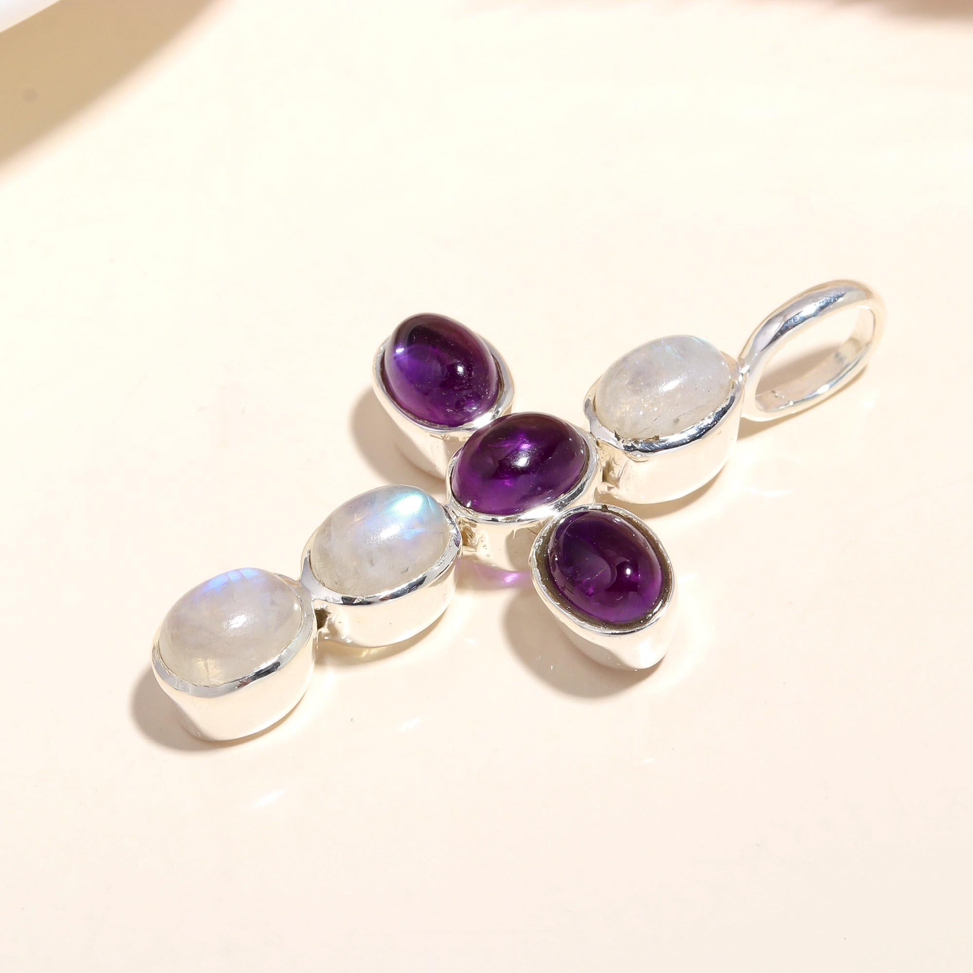 925 Sterling Silver Handmade Amethyst & Moonstone Cross Pendant