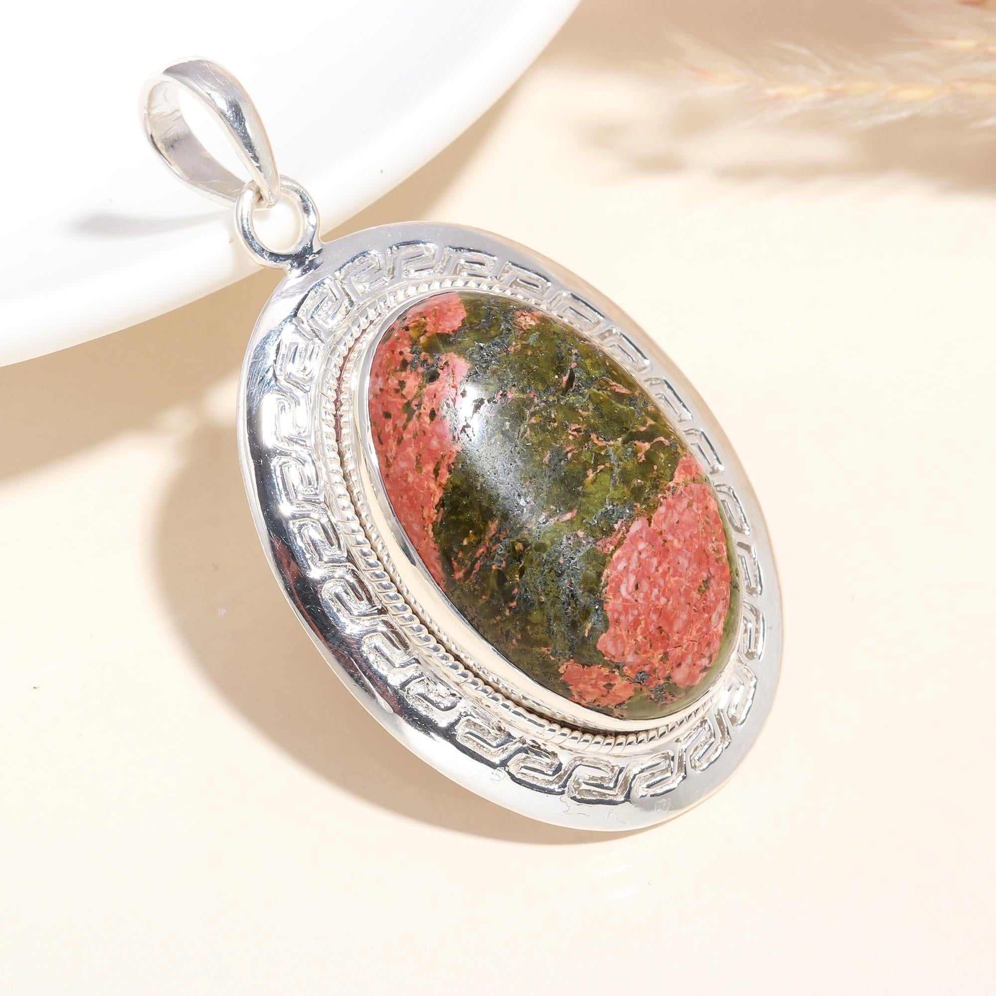925 Sterling Silver Handmade Unakite Oval Pendant