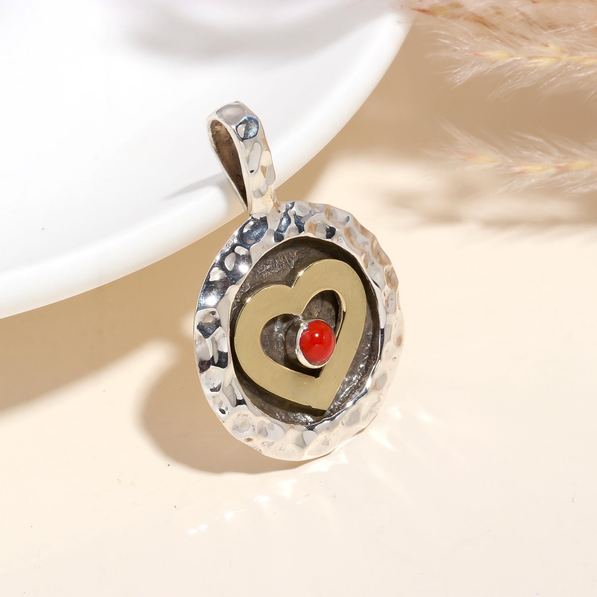 925 Sterling Silver Red Coral Hammered Heart Pendant