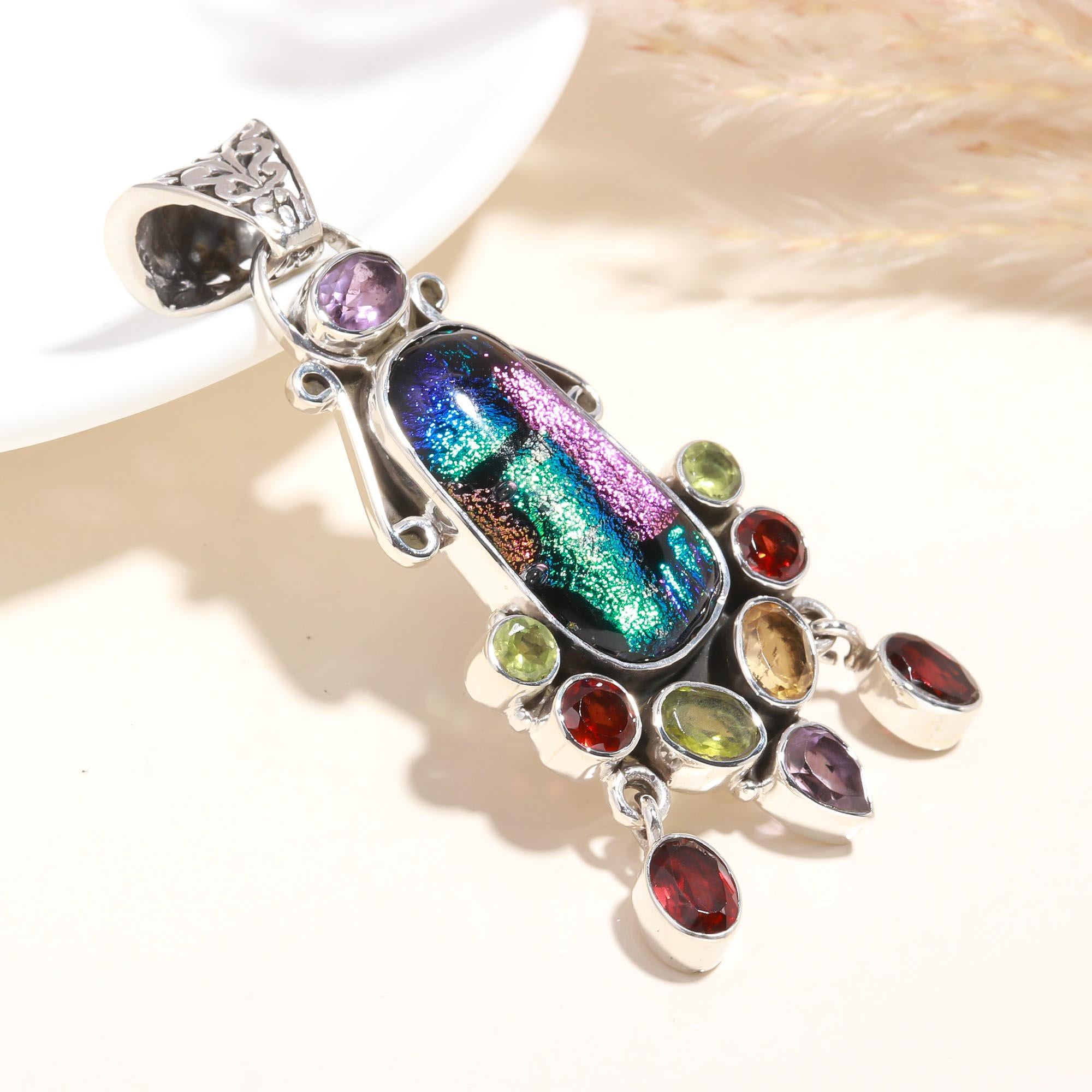 925 Sterling Silver Handmade Dichroic Glass &Mu lti-Gemstone Pendant