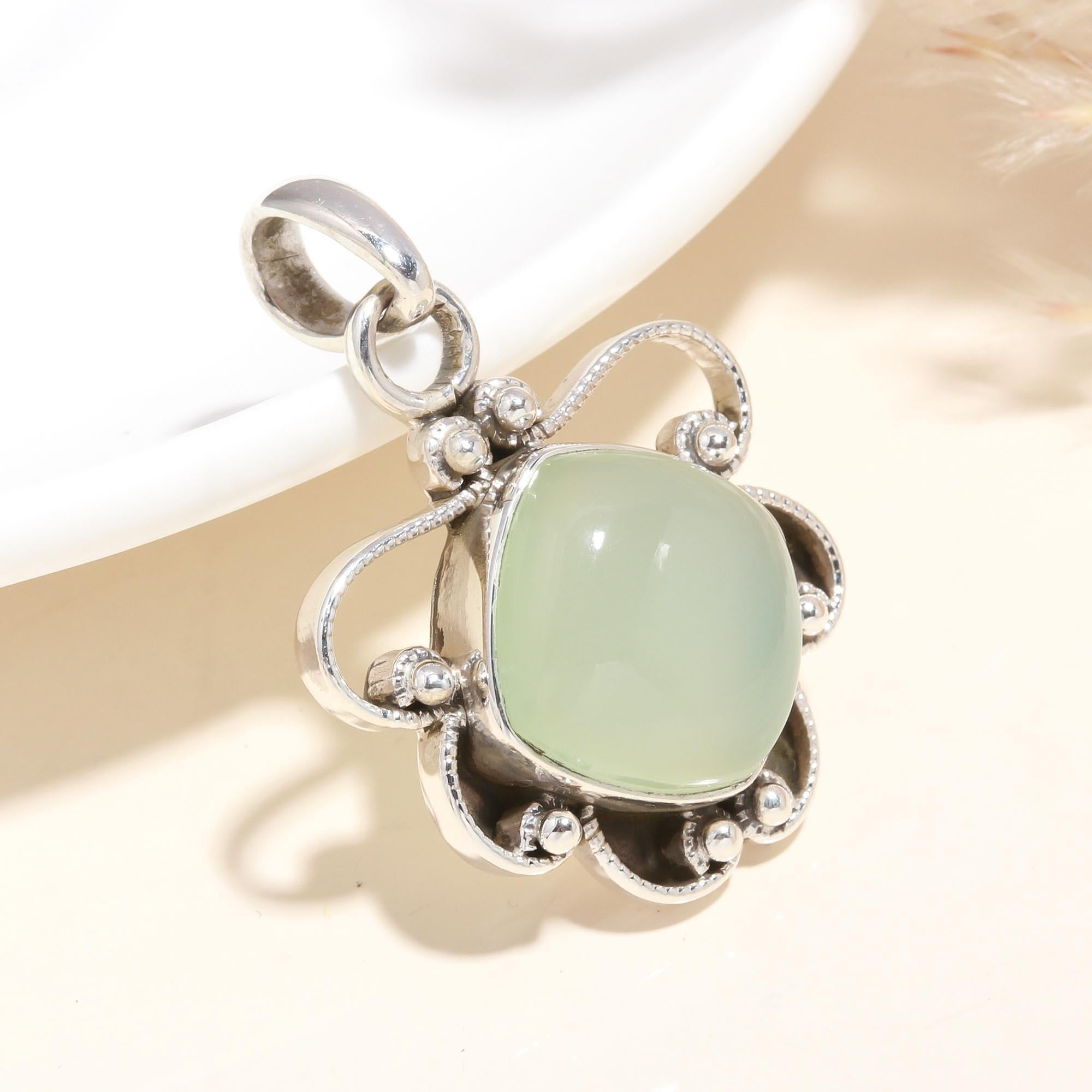 925 Sterling Silver Handmade Green Chalcedony Vintage Filigree Boho Pendant