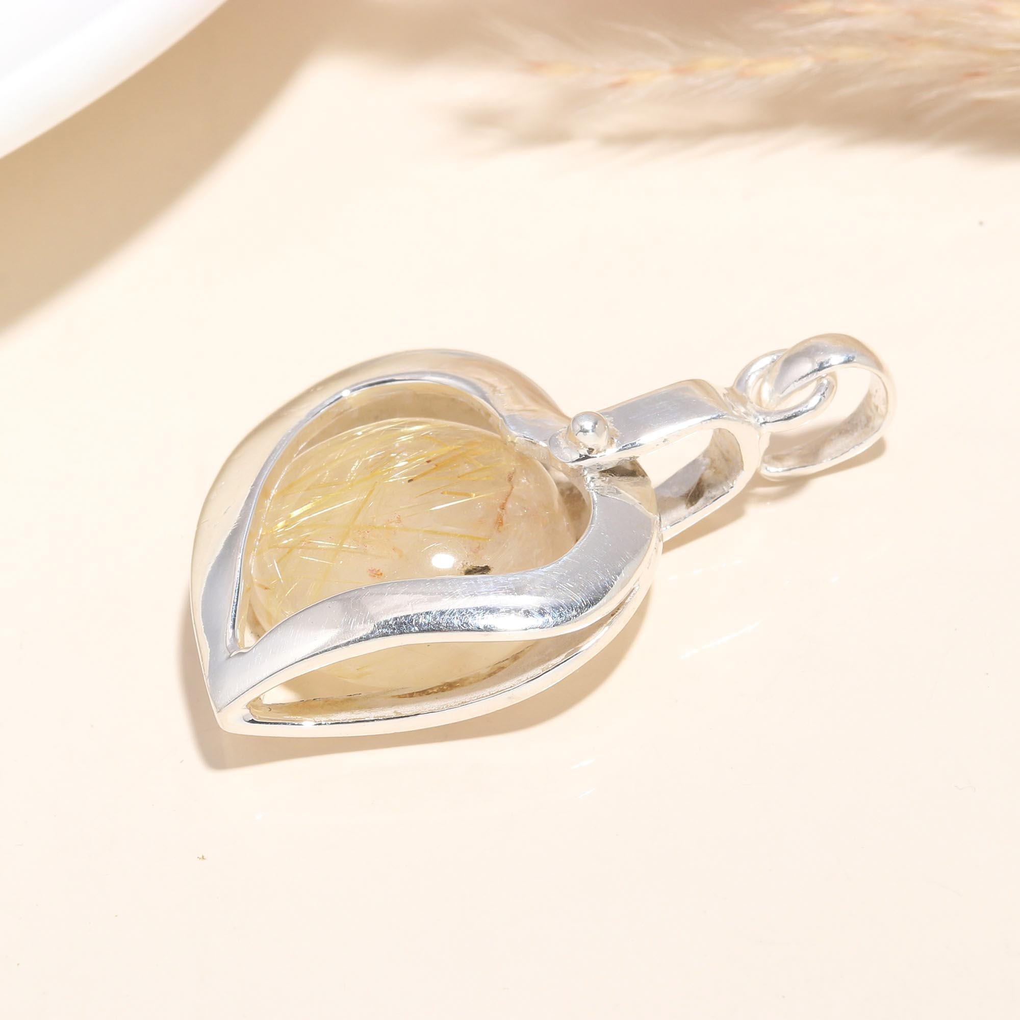 925 Sterling Silver Love Charm Rutilated Quartz Heart Pendant