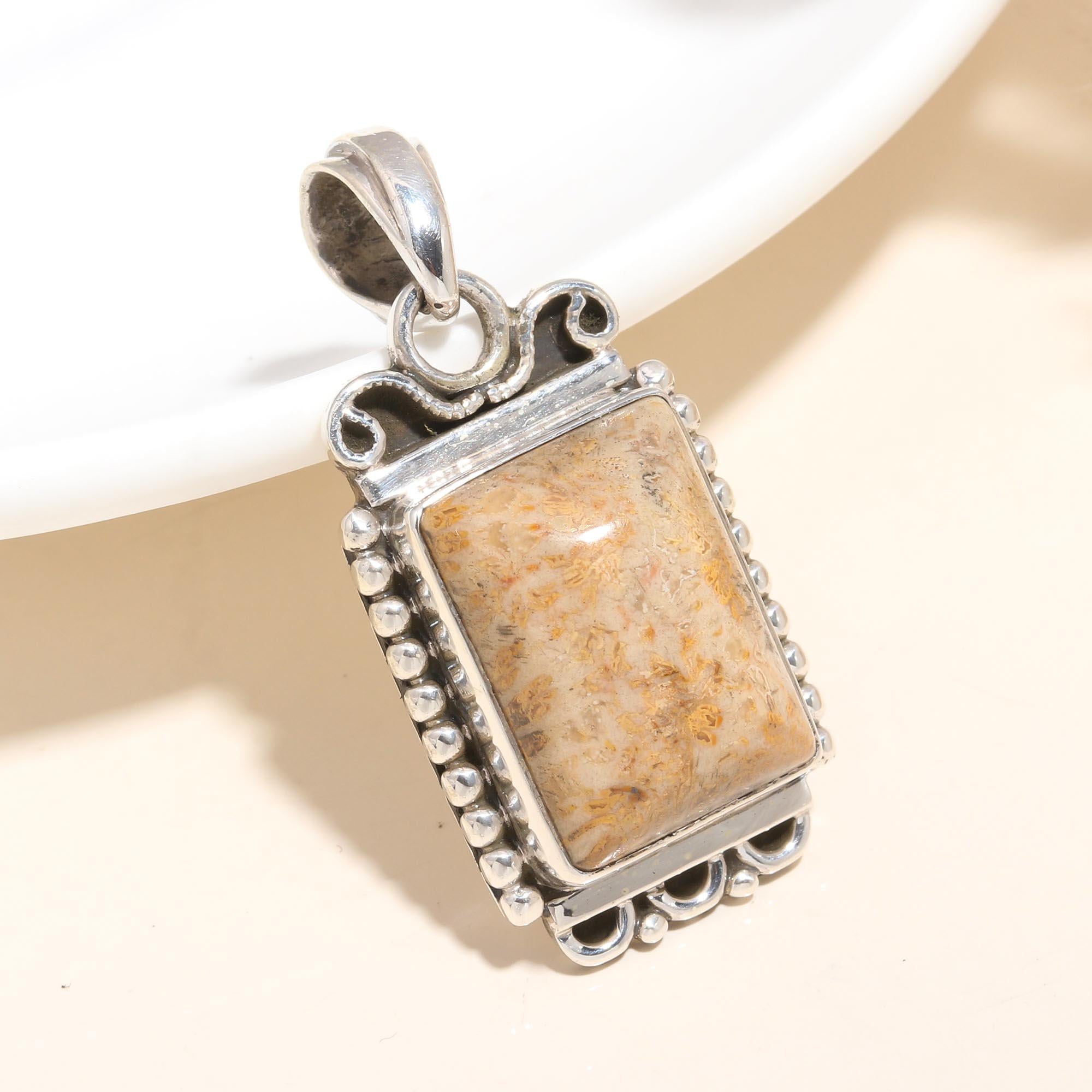 925 Sterling Silver Handmade Rectangle Gemstone Fossil Coral Pendant