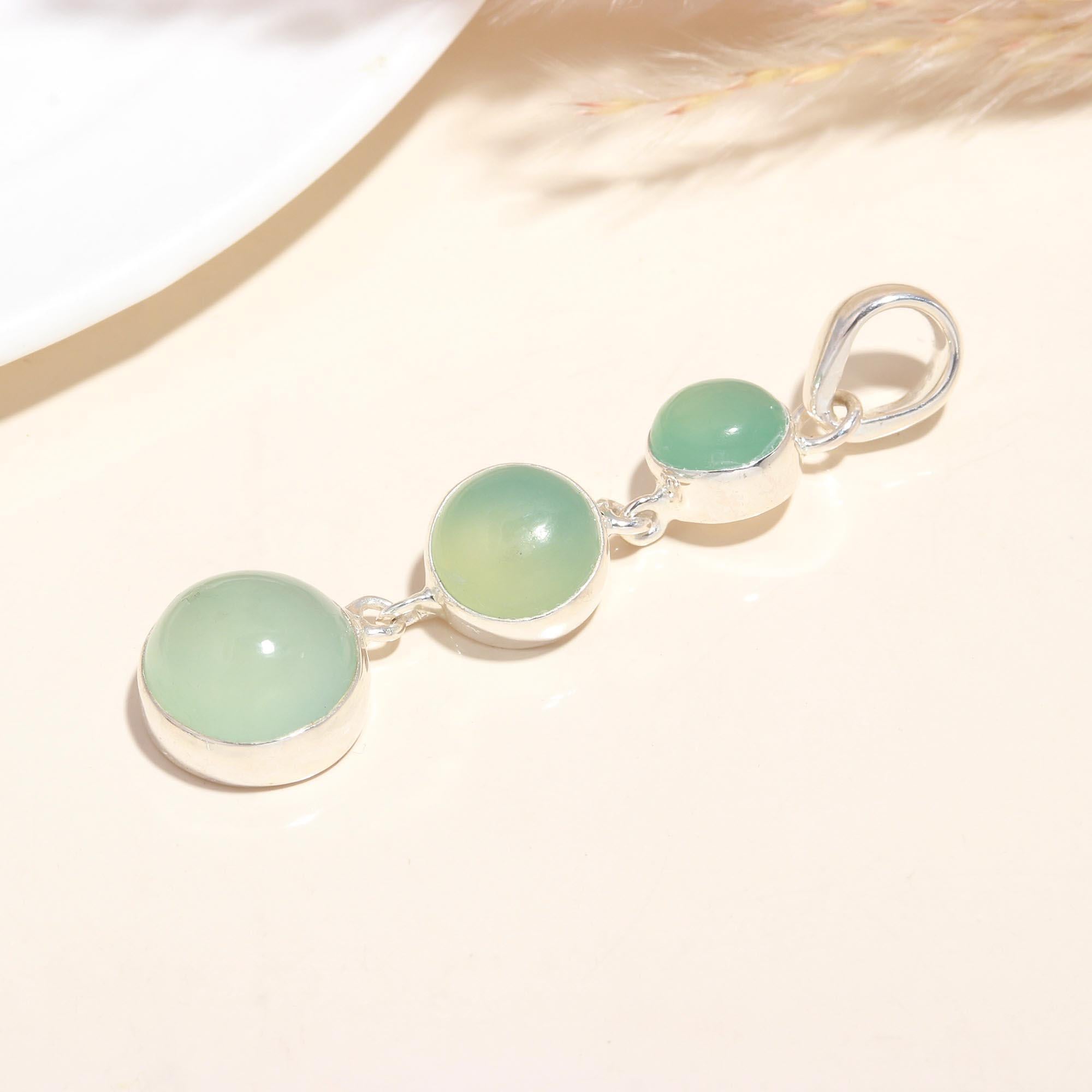 925 Sterling Silver Natural Green Chalcedony Dangle Pendant