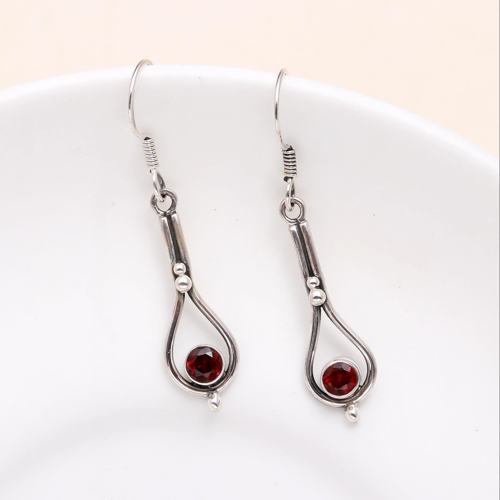 925 Sterling Silver Handmade Garnet Drop Earrings