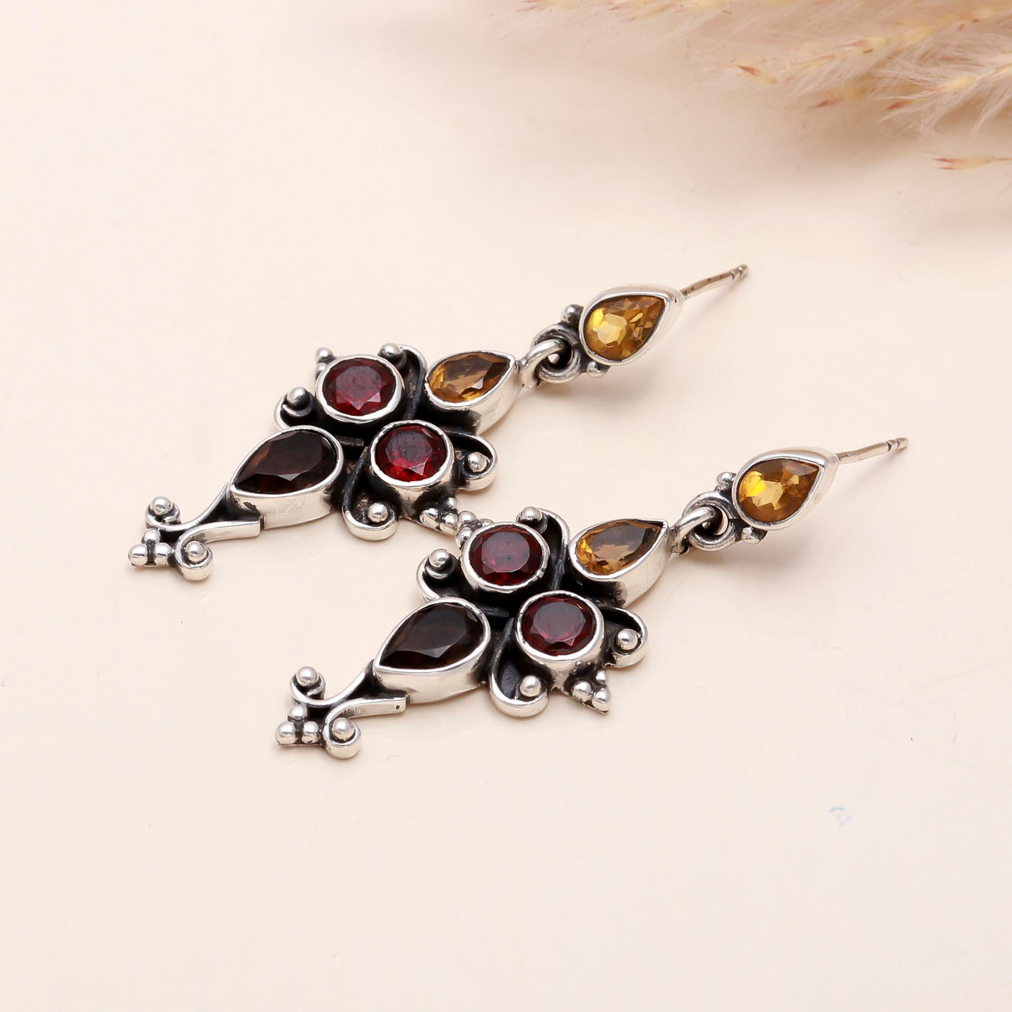 925 Sterling Silver Vintage Garnet & Citrine Dangle Earrings