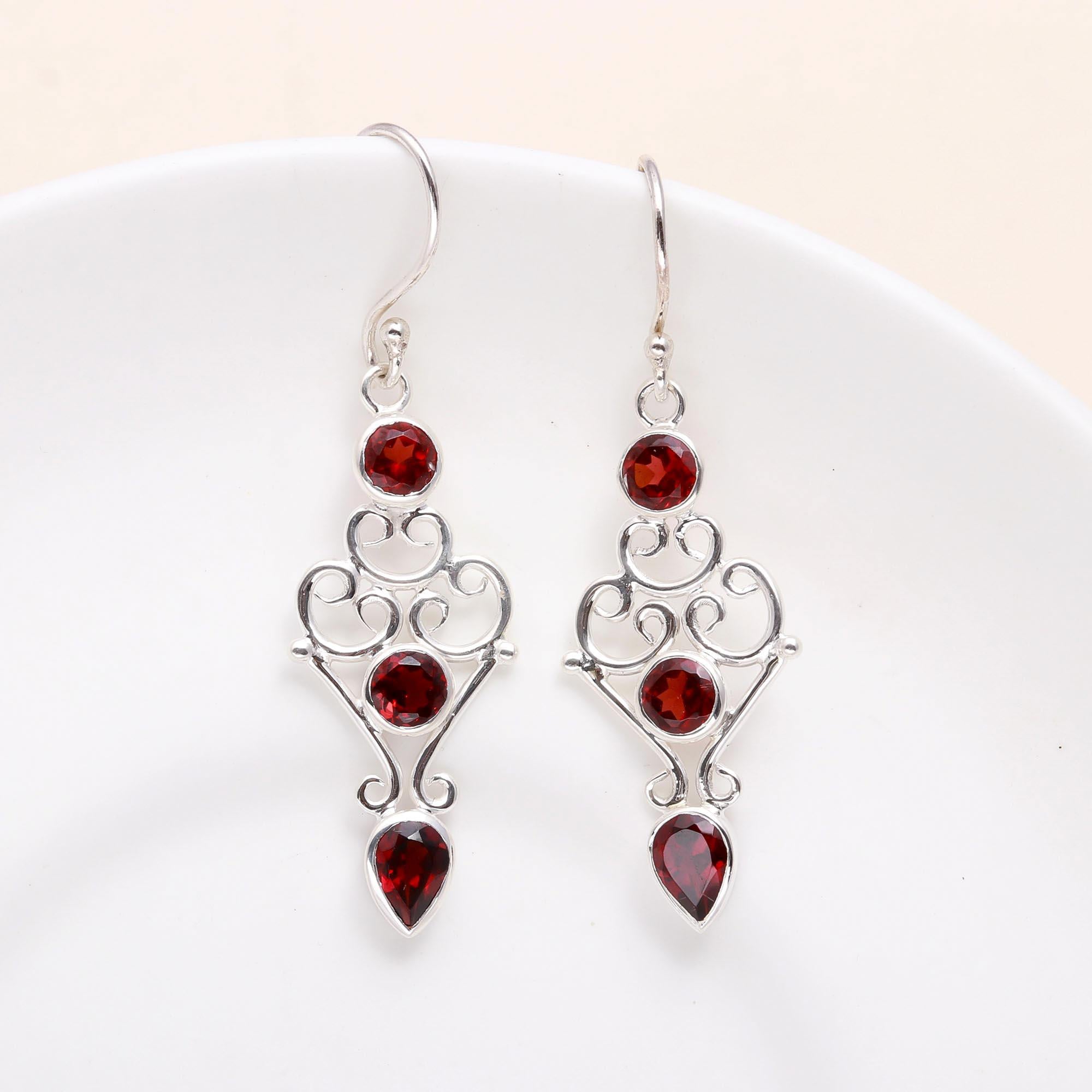 925 Sterling Silver Vintage Garnet Filigree Dangle Earrings