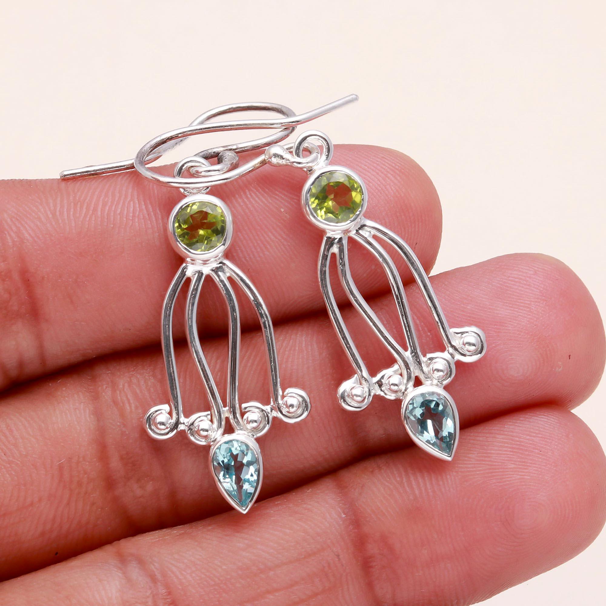 925 Sterling Silver Peridot & Blue Topaz Dangle Earrings