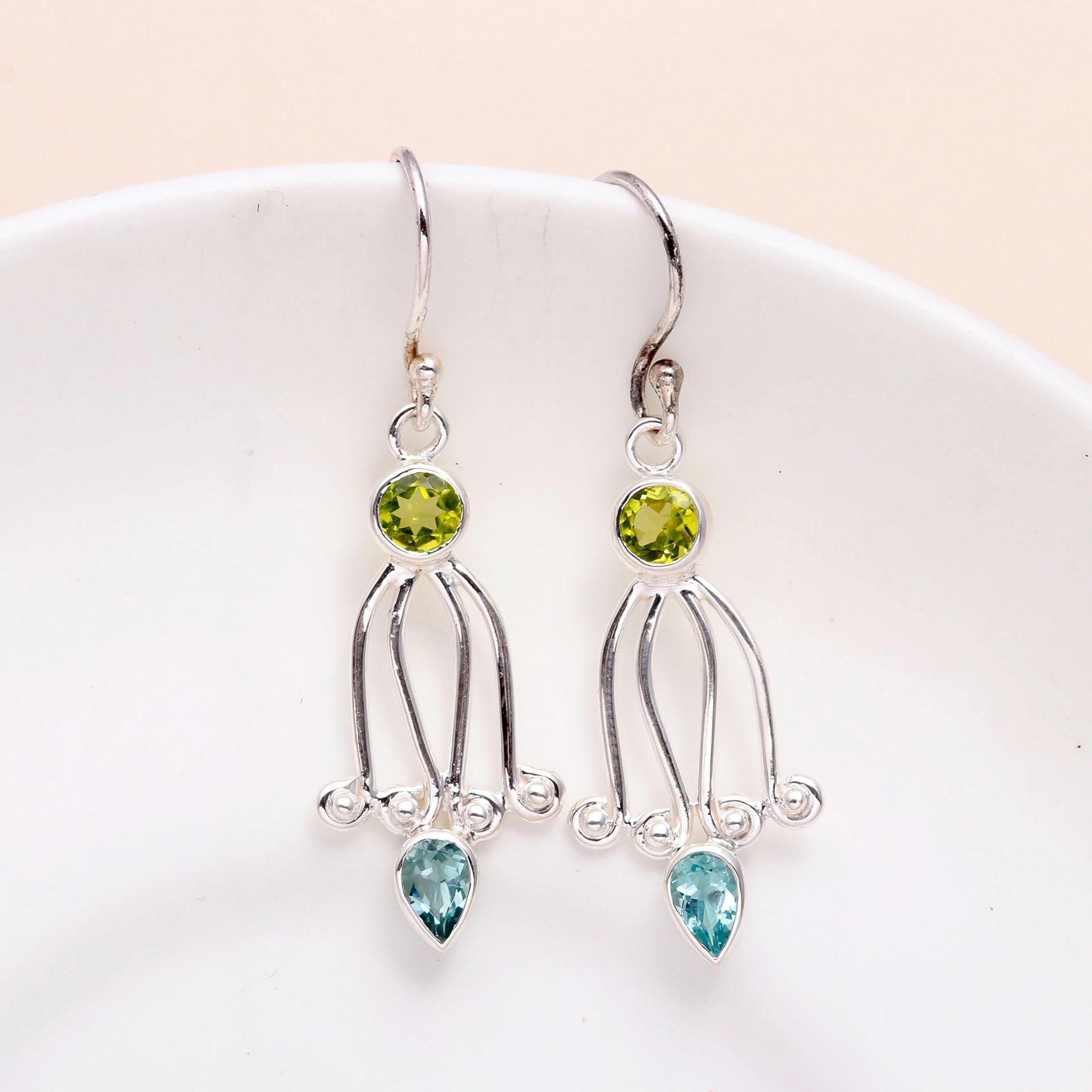 925 Sterling Silver Peridot & Blue Topaz Dangle Earrings