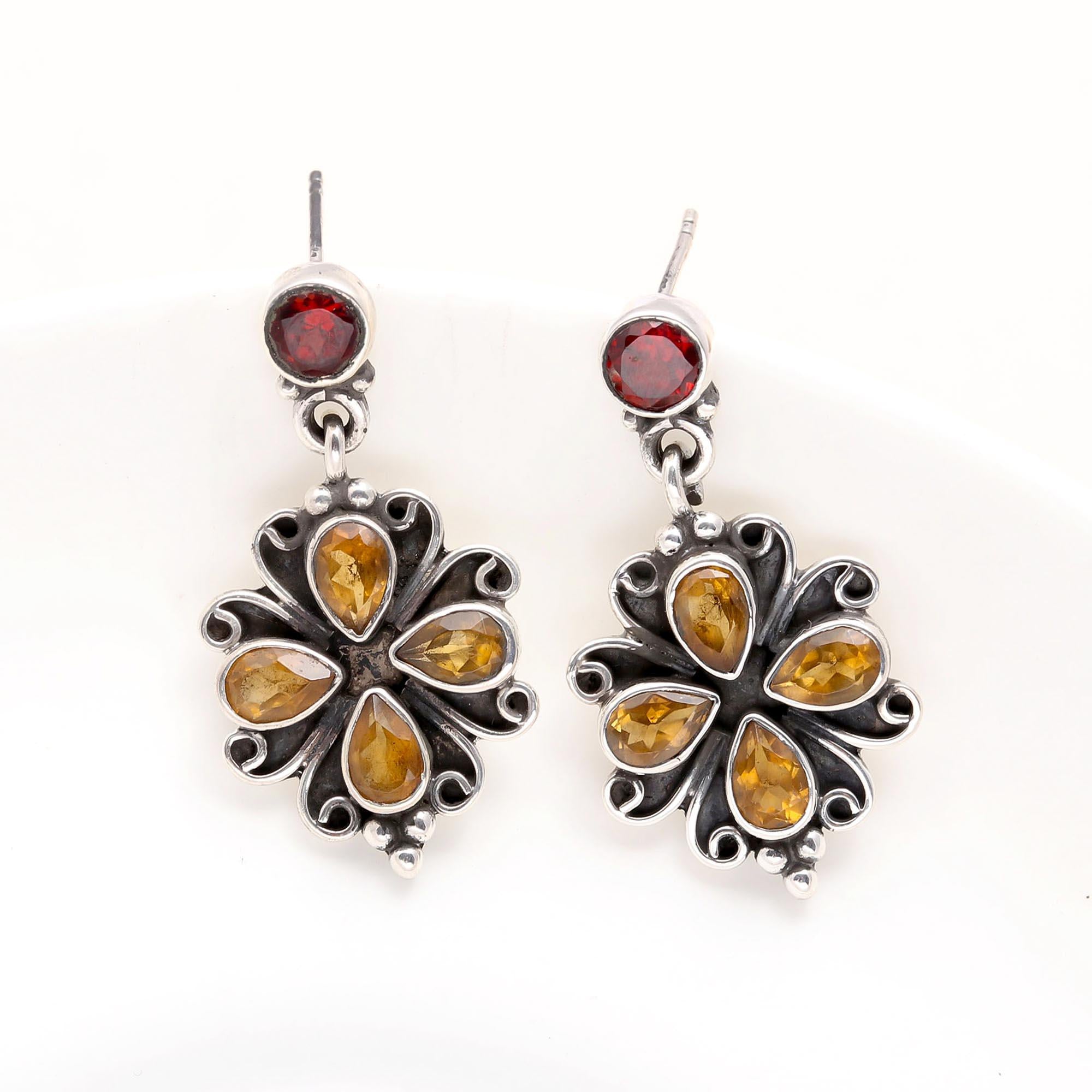 925 Sterling Silver Garnet & Citrine Floral Stud Earrings