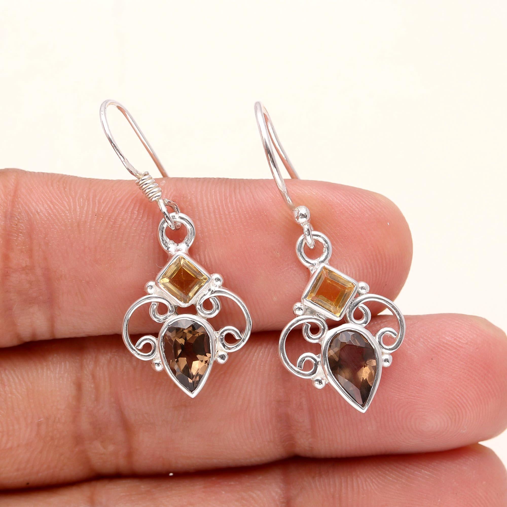 925 Sterling Silver Smoky Quartz & Citrine Dangle Earrings