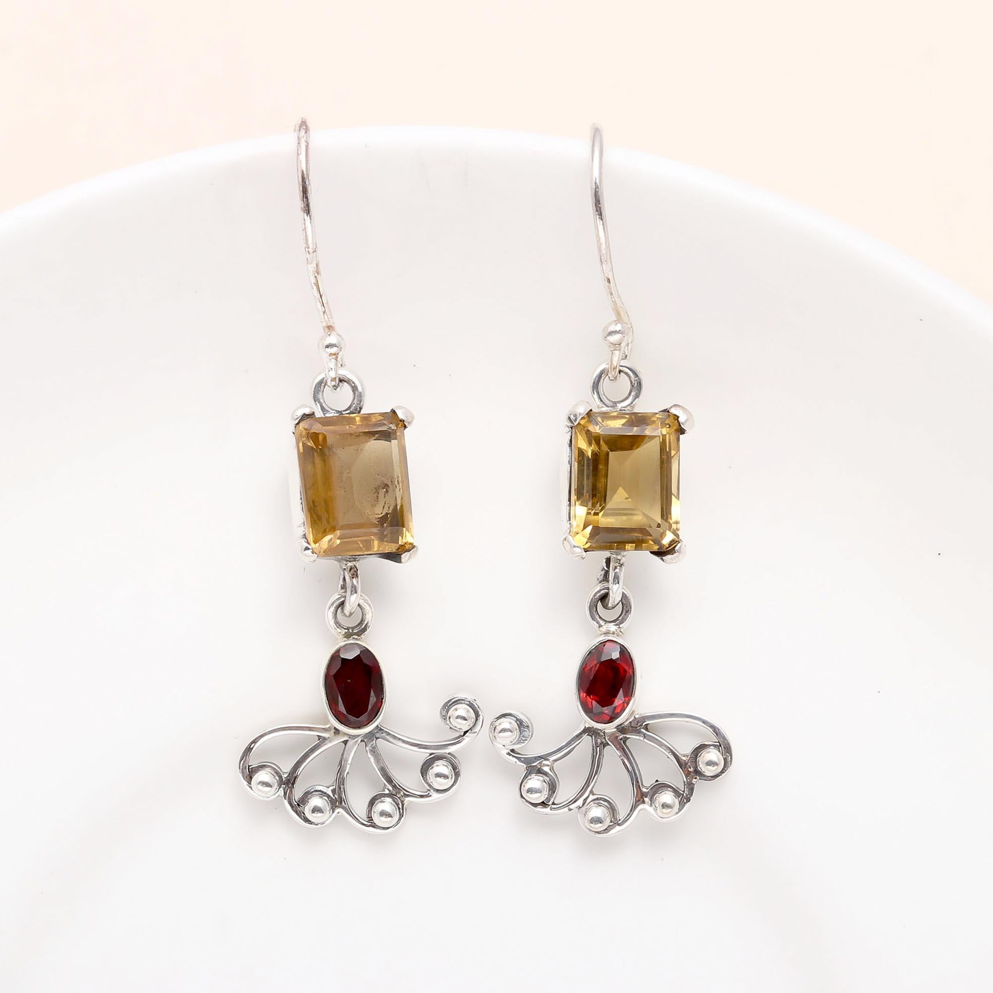 925 Sterling Silver Citrine & Garnet Filigree Dangle Earrings