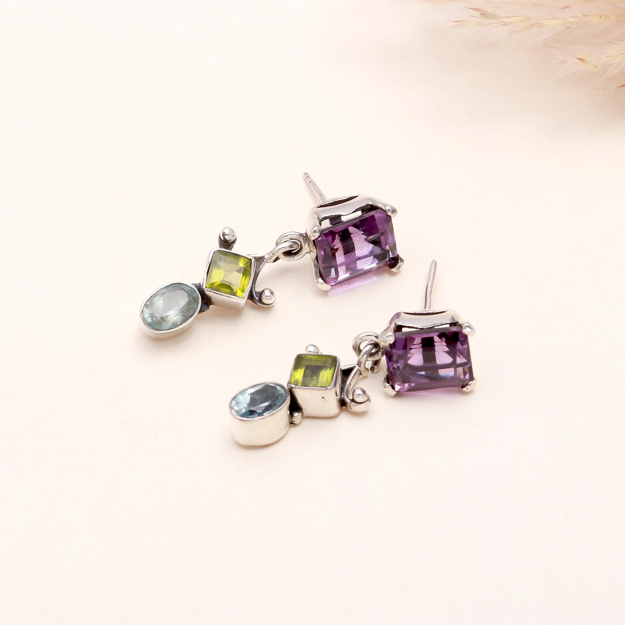 925 Sterling Silver Amethyst, Peridot & Blue Topaz Studs Earrings
