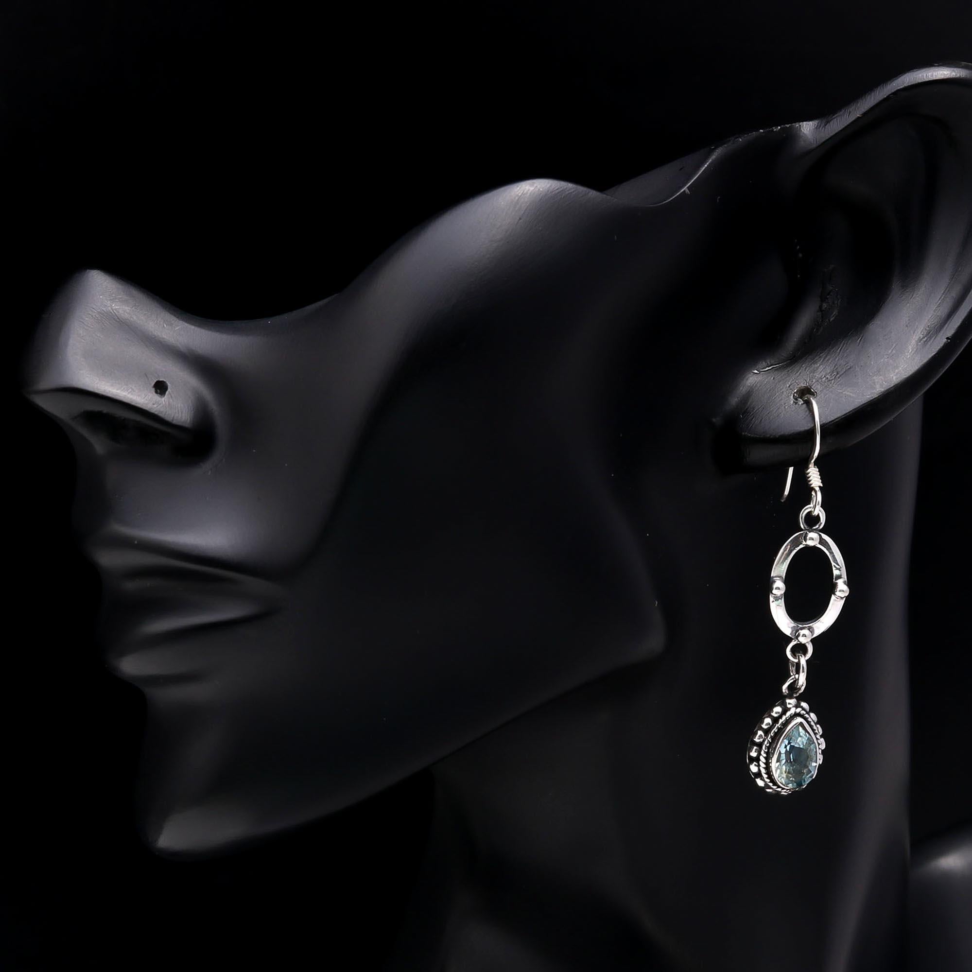 925 Sterling Silver Vintage Blue Topaz Teardrop Dangle Earrings