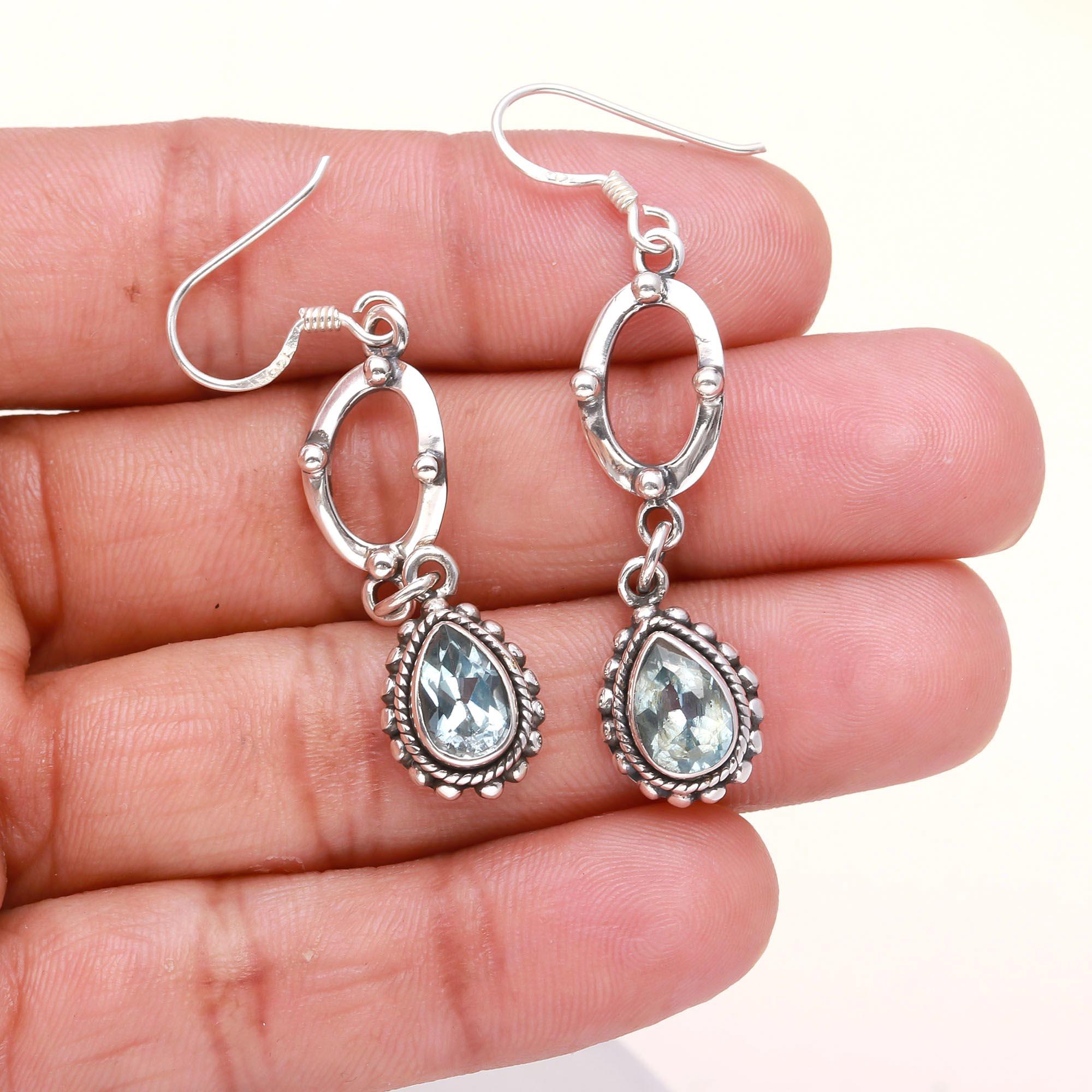 925 Sterling Silver Vintage Blue Topaz Teardrop Dangle Earrings