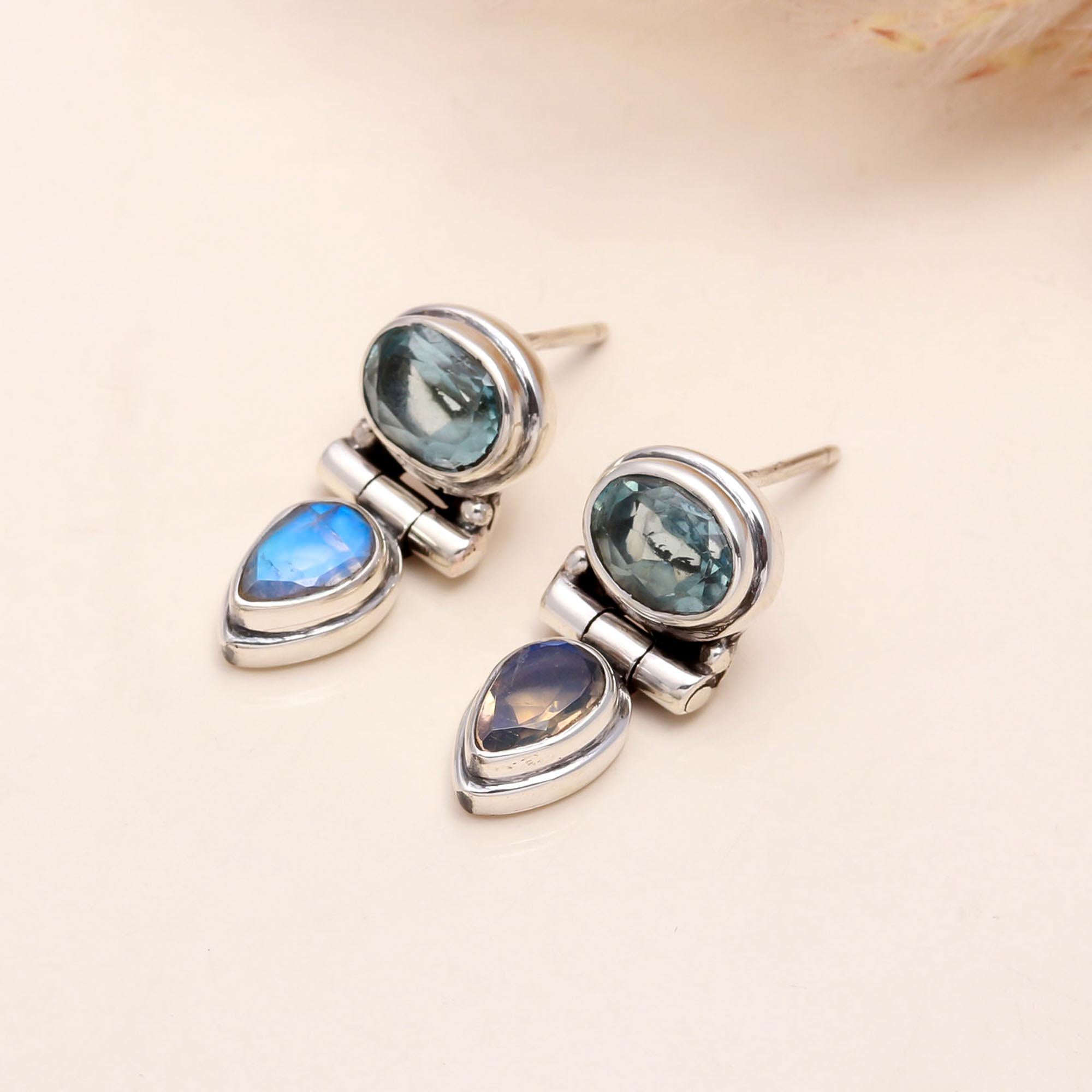 925 Sterling Silver Vintage-Style Blue Topaz & Moonstone Stud Earrings