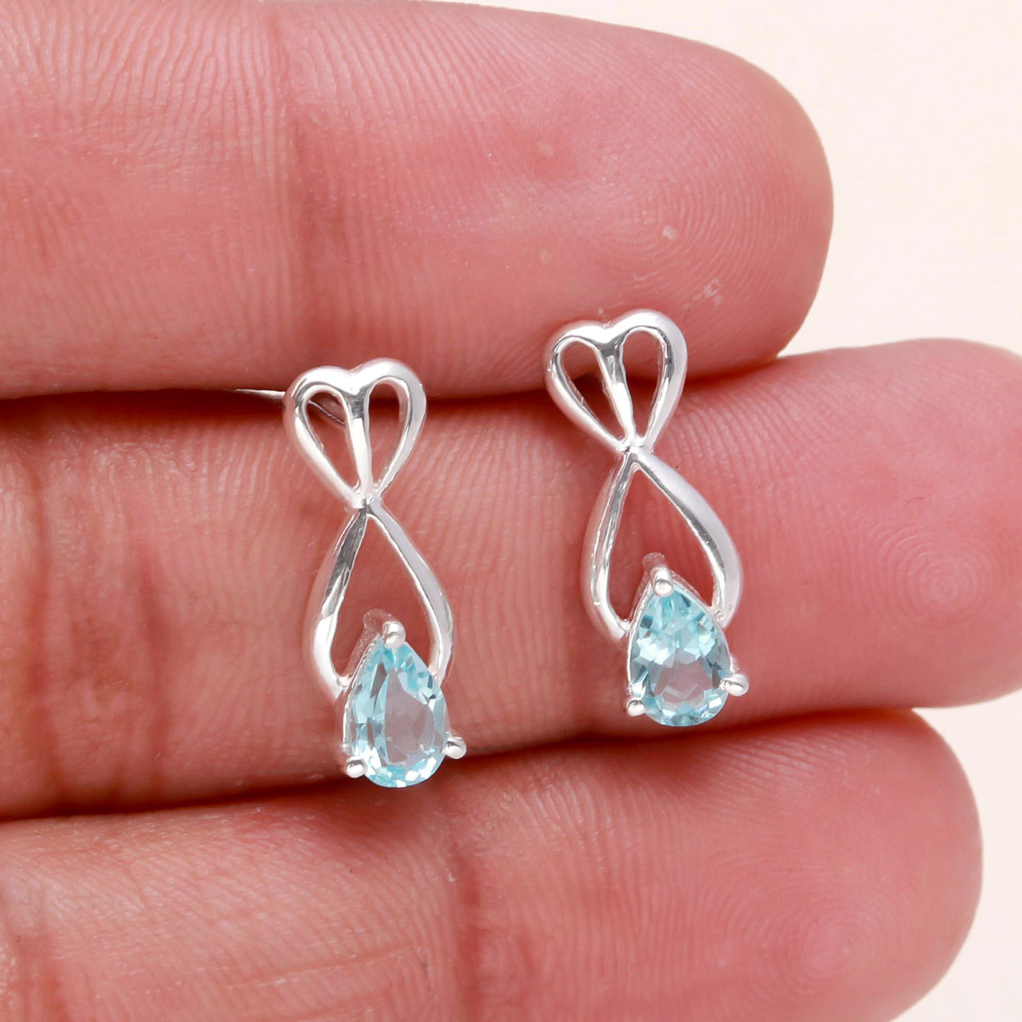925 Sterling Silver Infinity Knot Aquamarine Studs Earrings