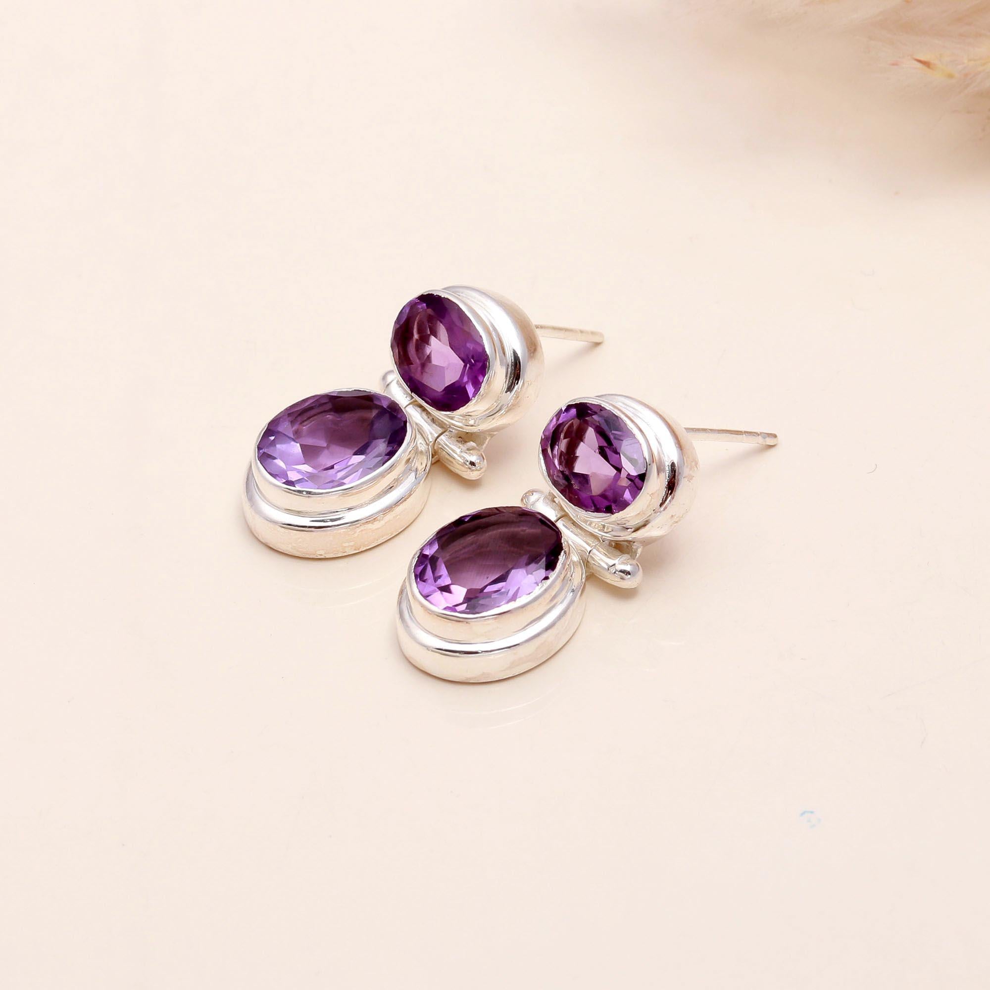 925 Sterling Silver Double Oval Amethyst Stud Earrings