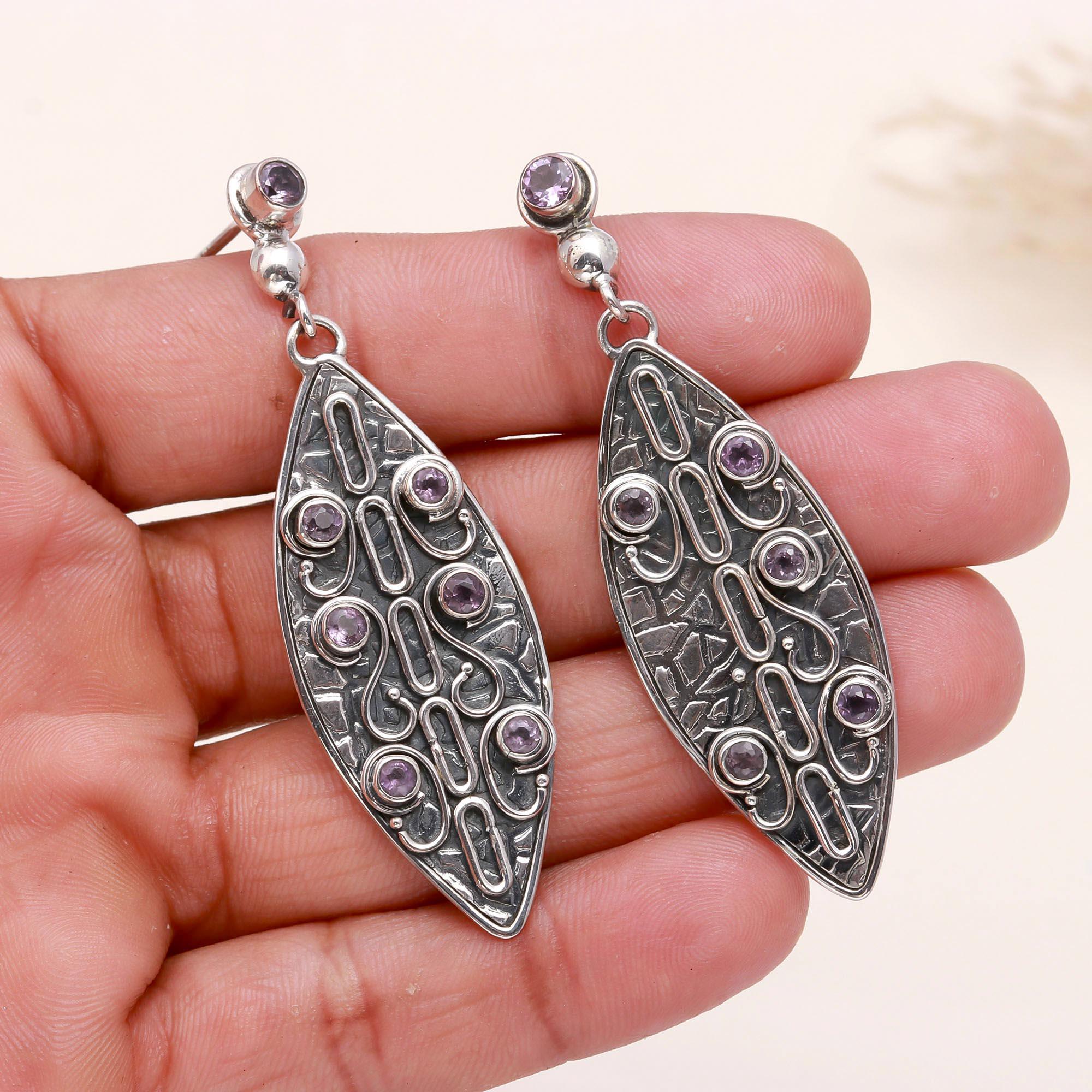 925 Sterling Silver Amethyst Vintage Filigree Drop Earrings