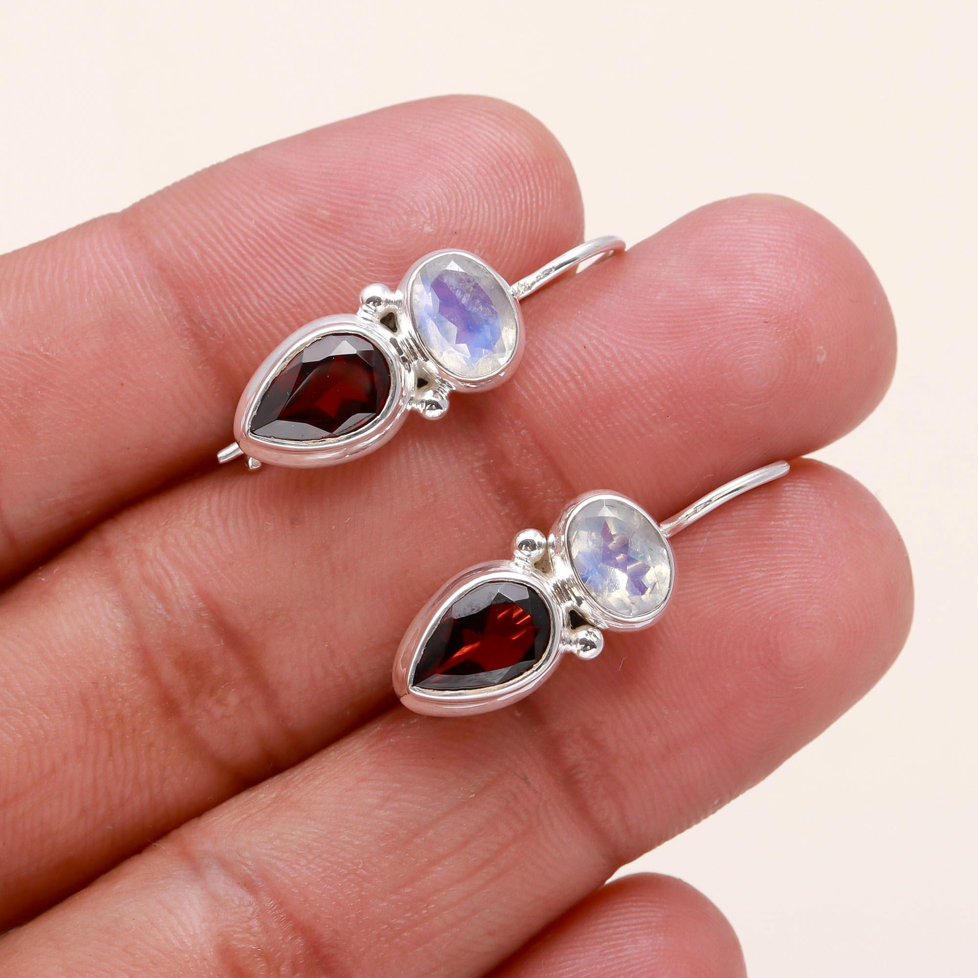925 Sterling Silver Garnet & Moonstone Dangle Earrings