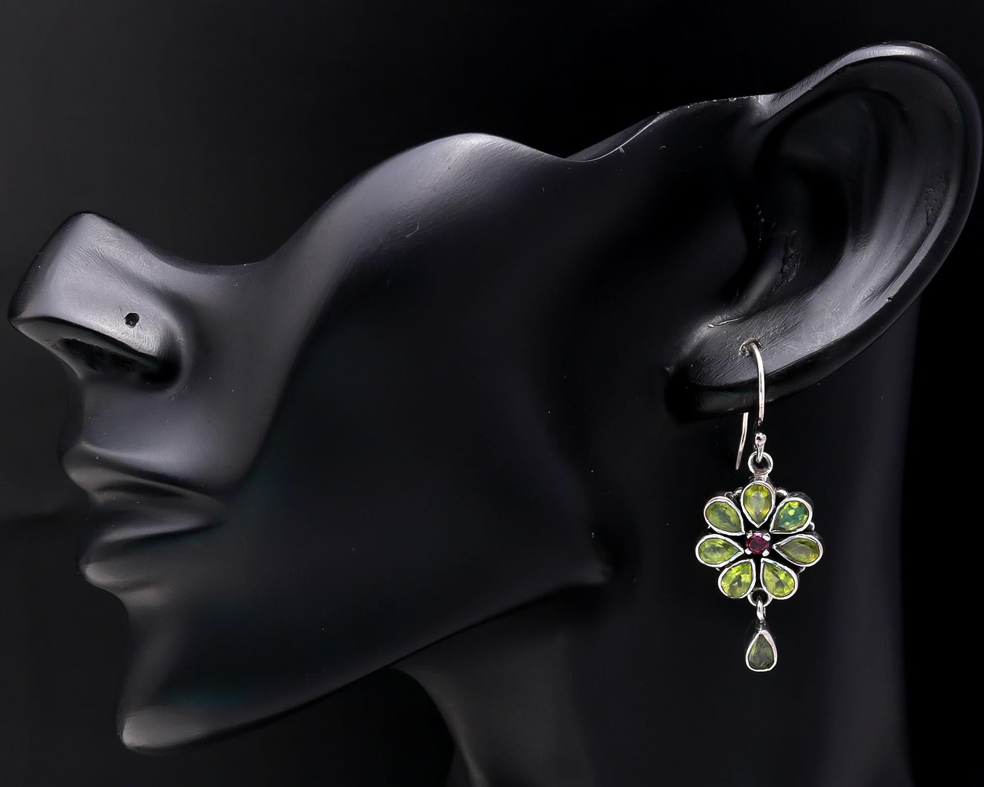 925 Sterling Silver Peridot & Pink Tourmaline Floral Dangle Earrings