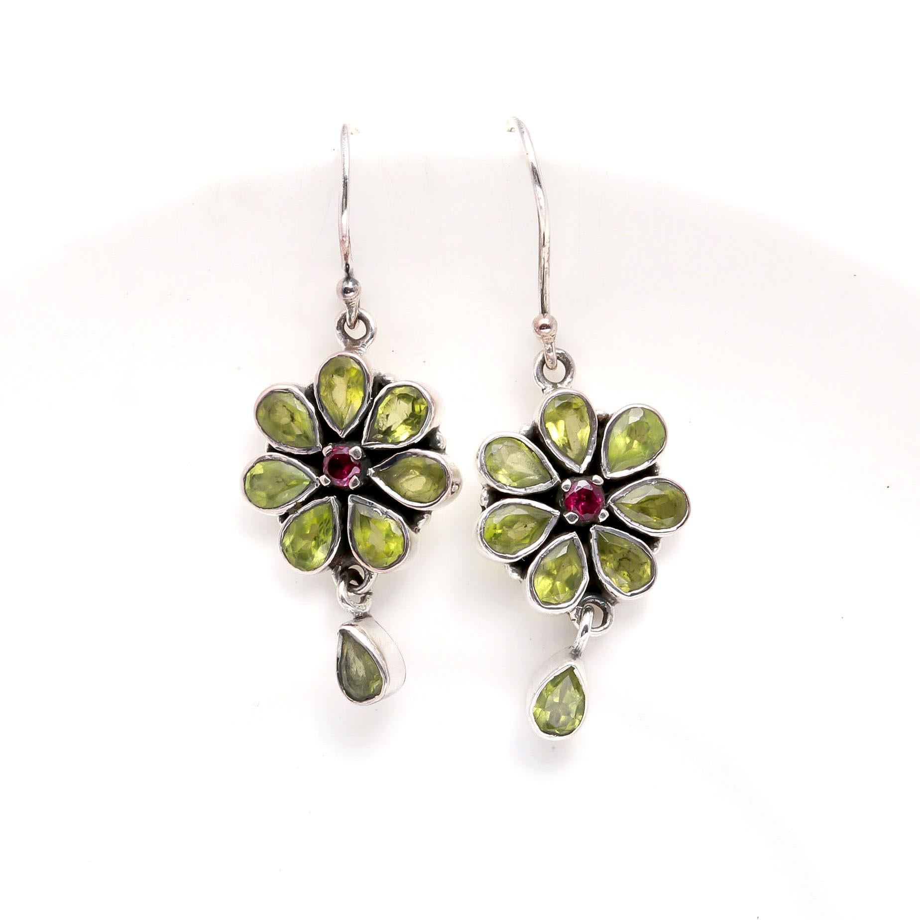 925 Sterling Silver Peridot & Pink Tourmaline Floral Dangle Earrings