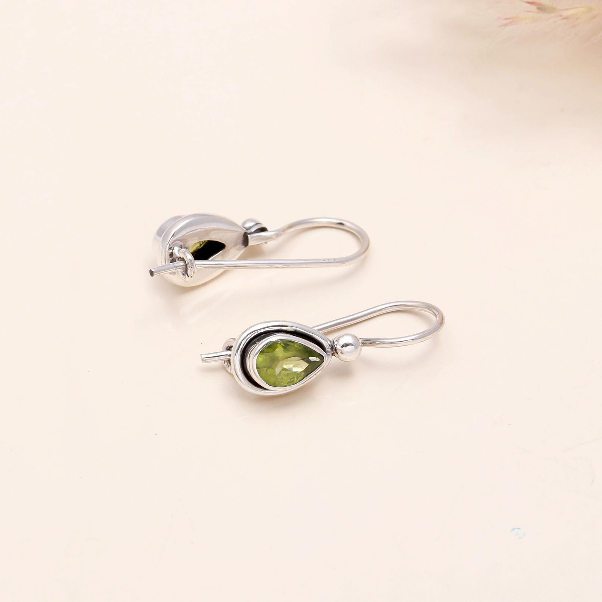 925 Sterling Silver Teardrop Peridot Hook Earrings