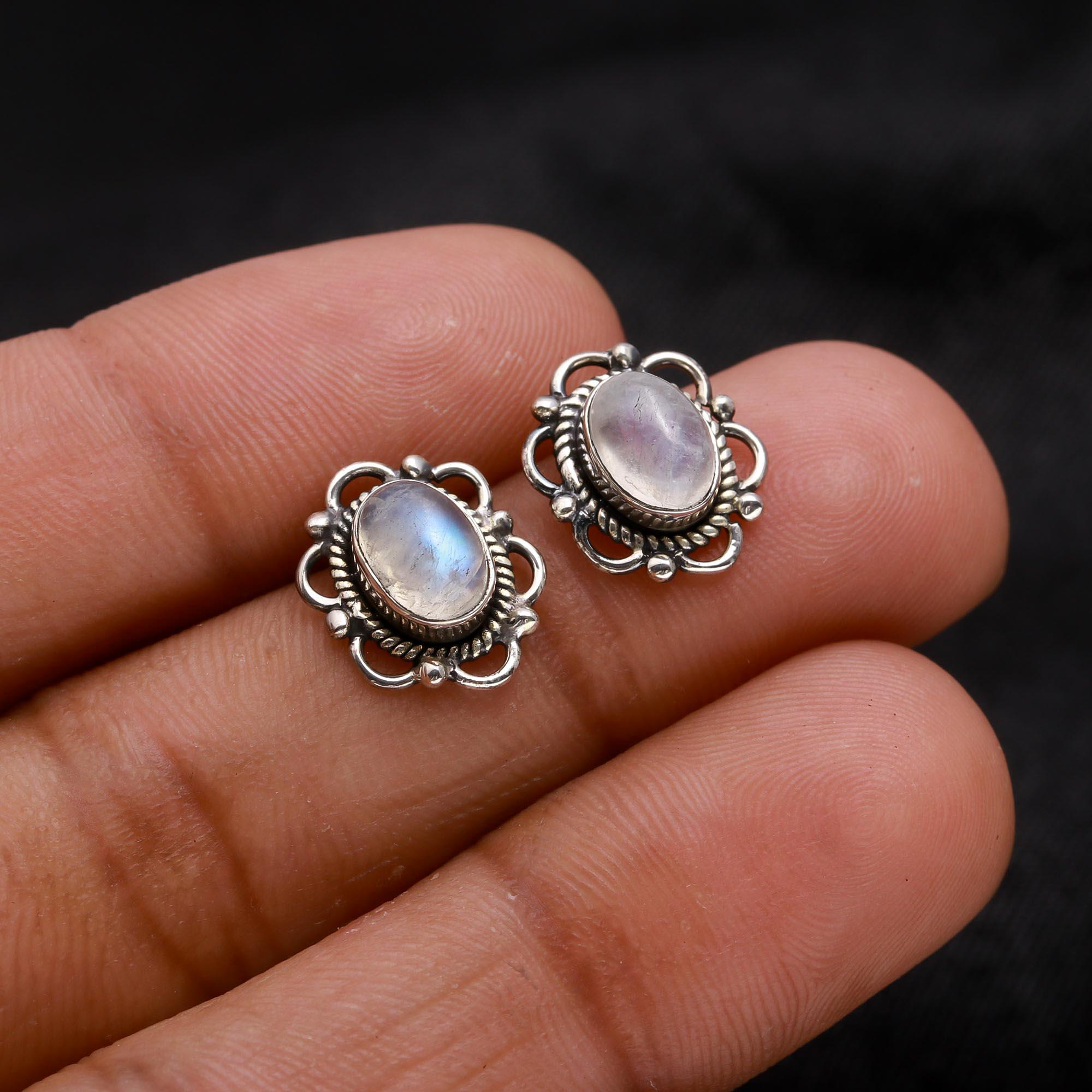 925 Sterling Silver Moonstone Vintage Boho Stud Earrings