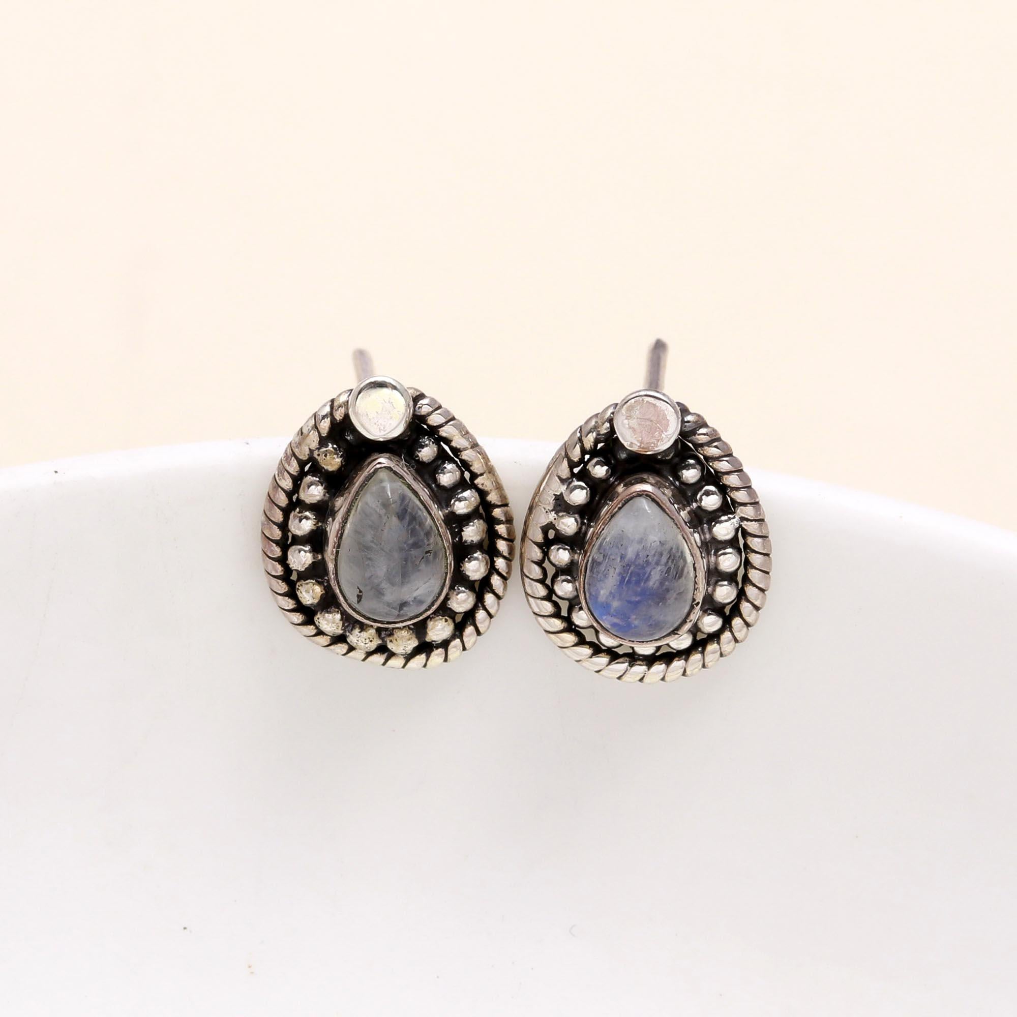 925 Sterling Silver Moonstone Teardrop Boho Vintage Stud Earrings