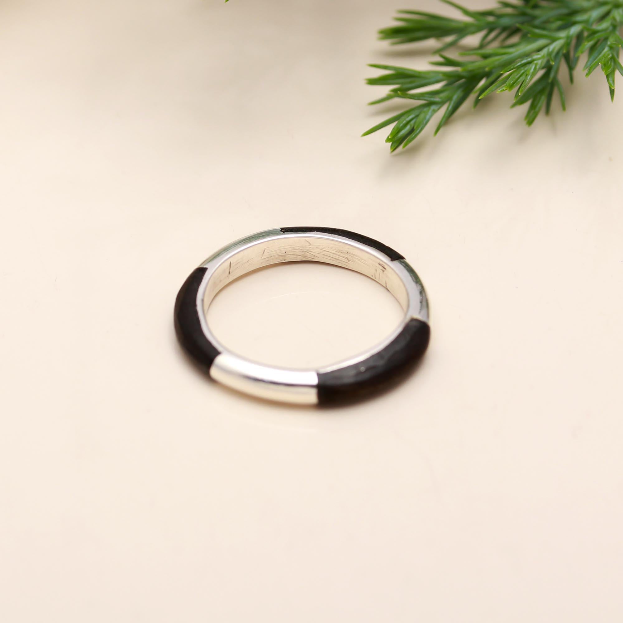 925 Silver Black Wood Inlay Band Ring