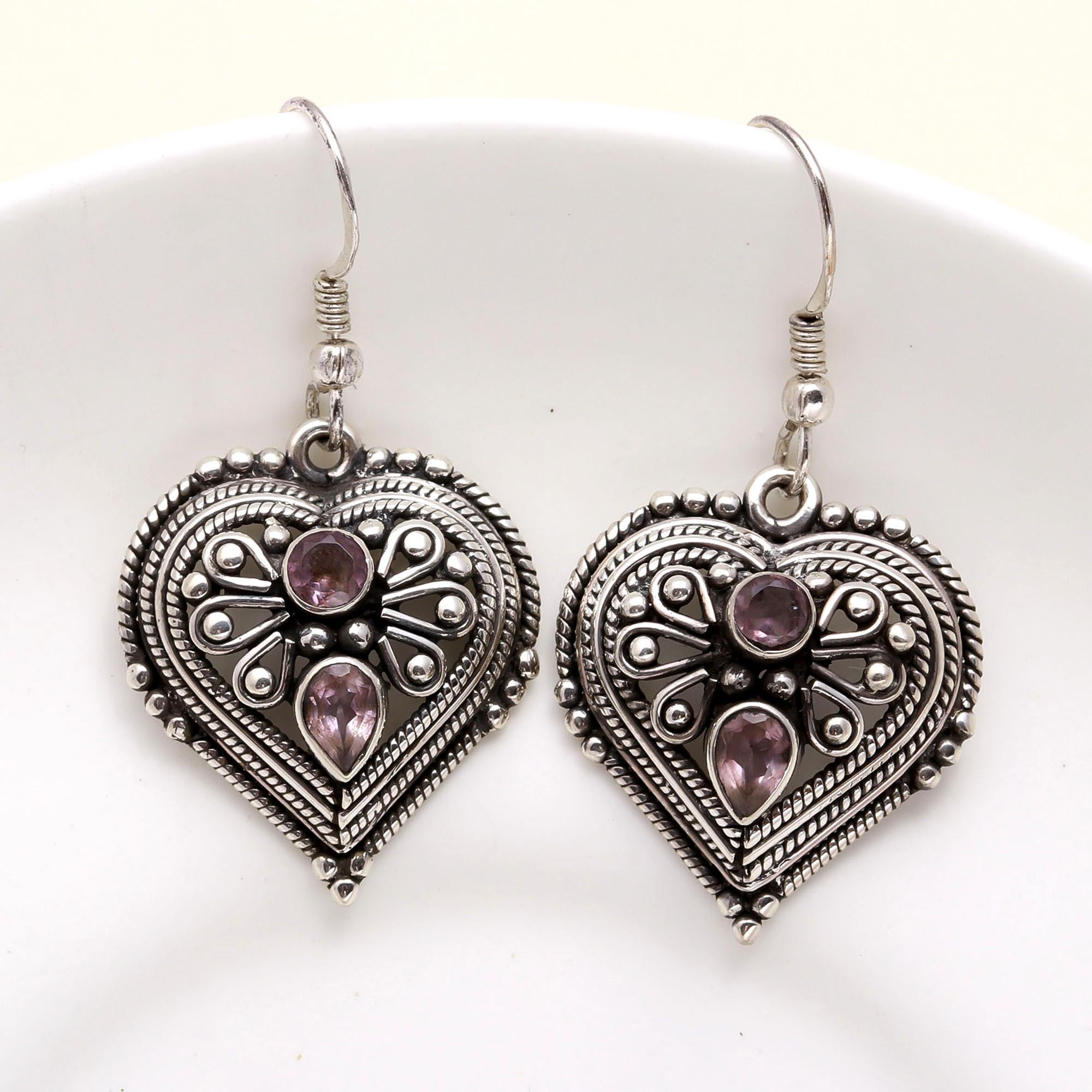 925 Sterling Silver Amethyst Vintage Heart Dangle Earrings