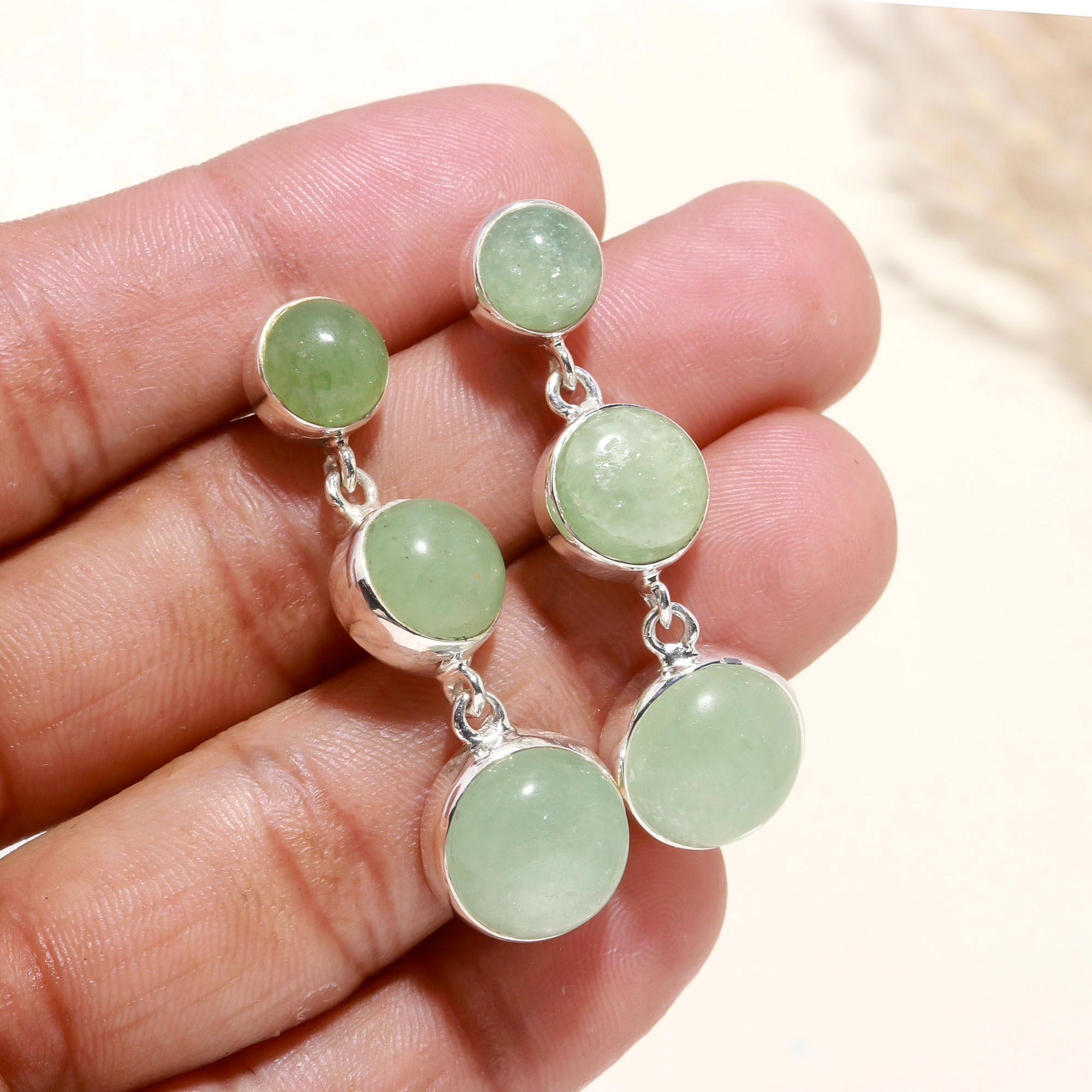 The Jade Cascade: Green Jade & Silver Triple Drop Earrings